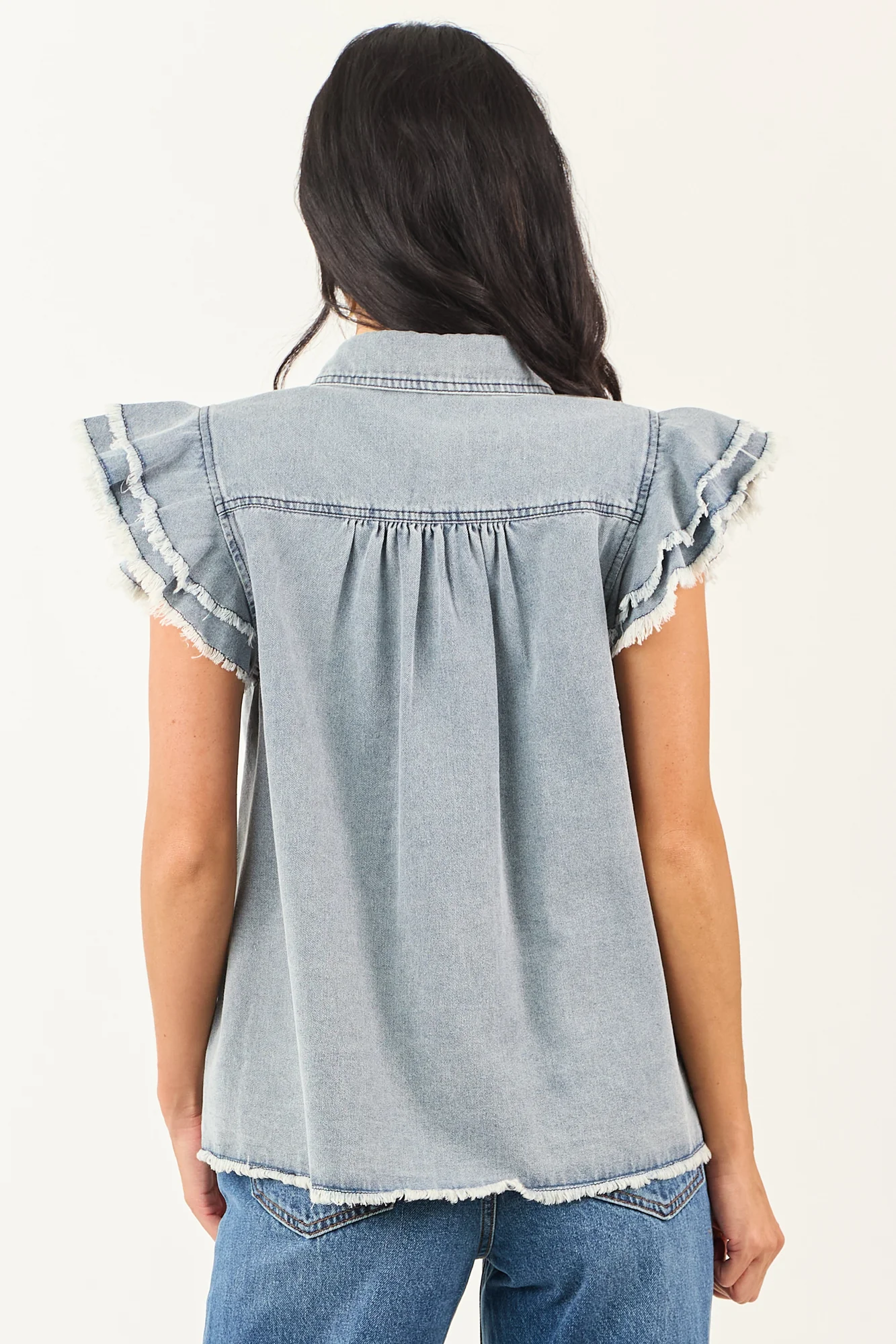 Denim Ruffle Cap Sleeve Button Down Top