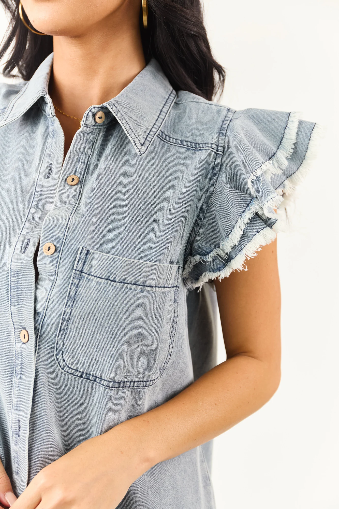 Denim Ruffle Cap Sleeve Button Down Top