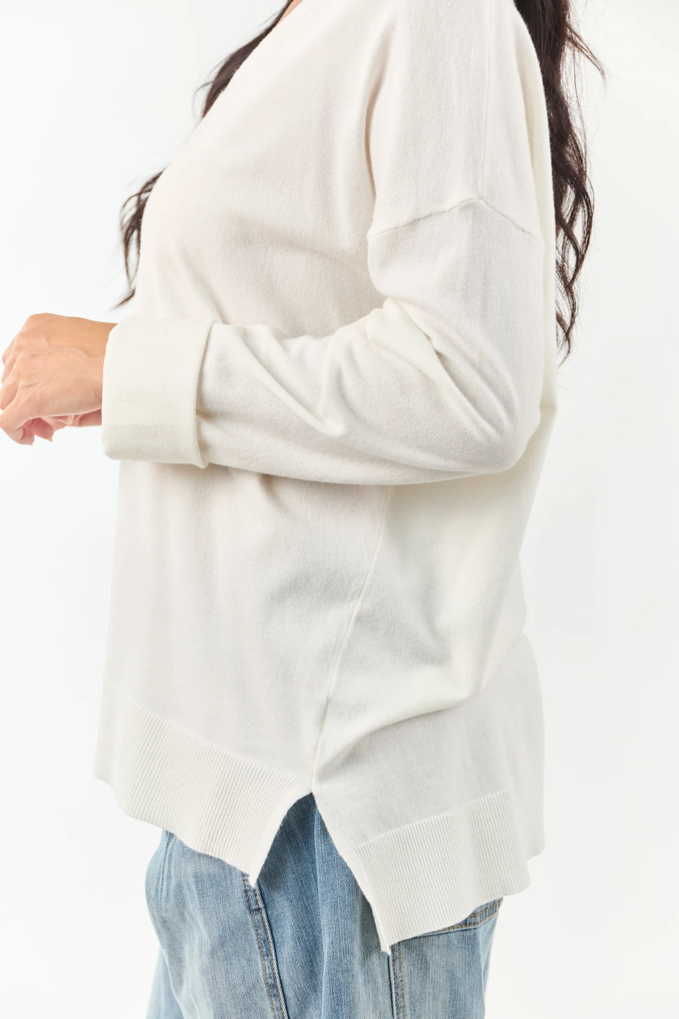 Relaxed Ivory Ribbed Knit V Neck Sweater