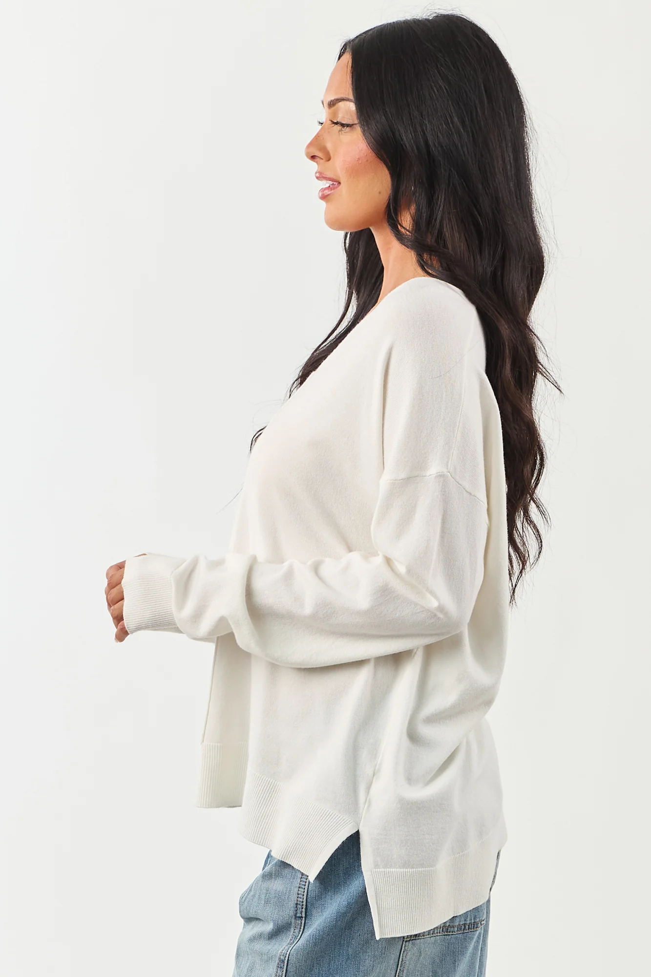 Relaxed Ivory Ribbed Knit V Neck Sweater