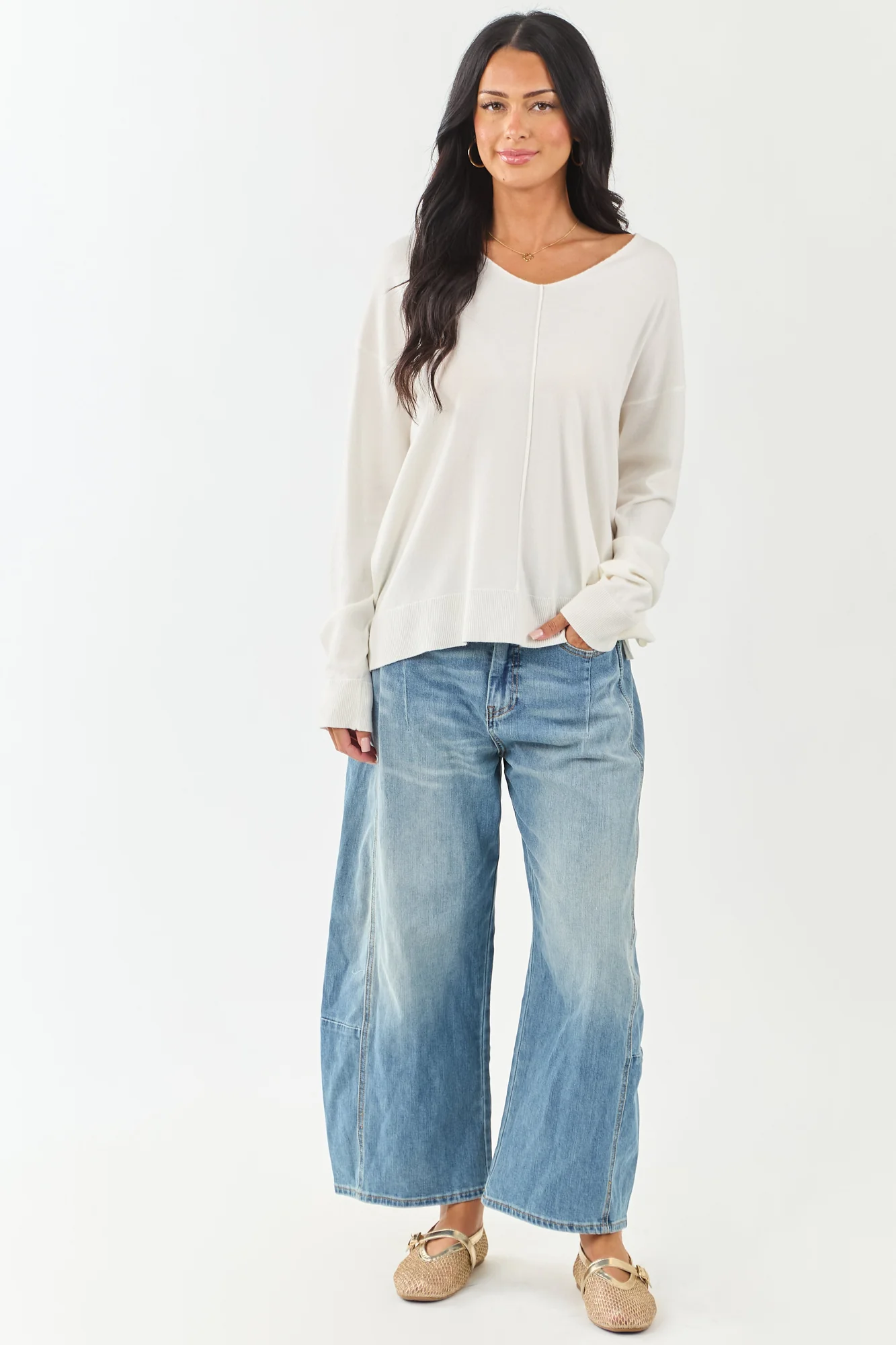 Relaxed Ivory Ribbed Knit V Neck Sweater