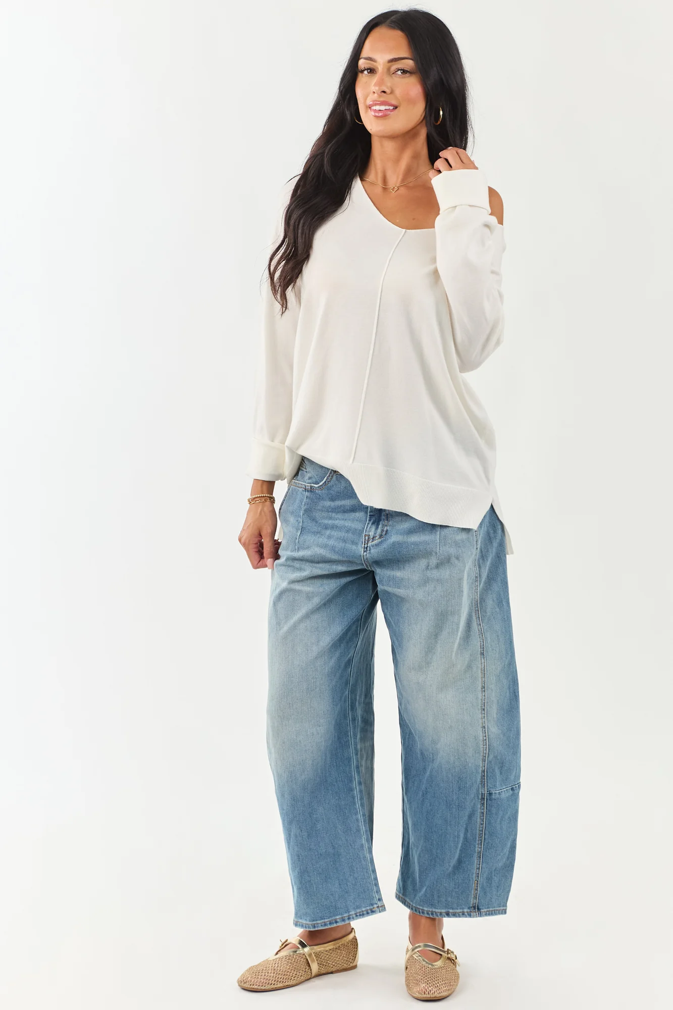 Relaxed Ivory Ribbed Knit V Neck Sweater