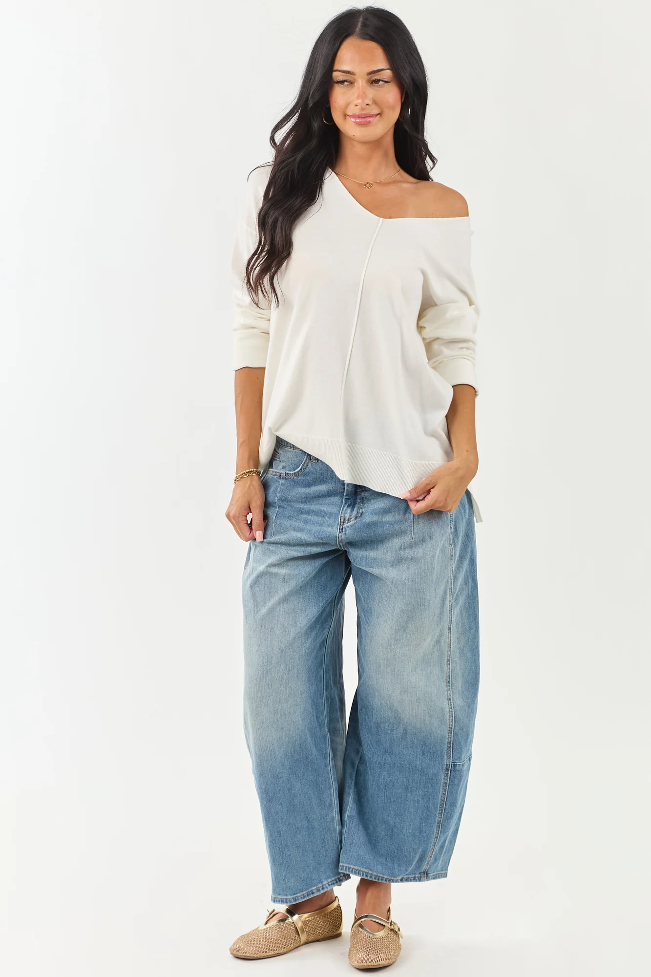 Relaxed Ivory Ribbed Knit V Neck Sweater