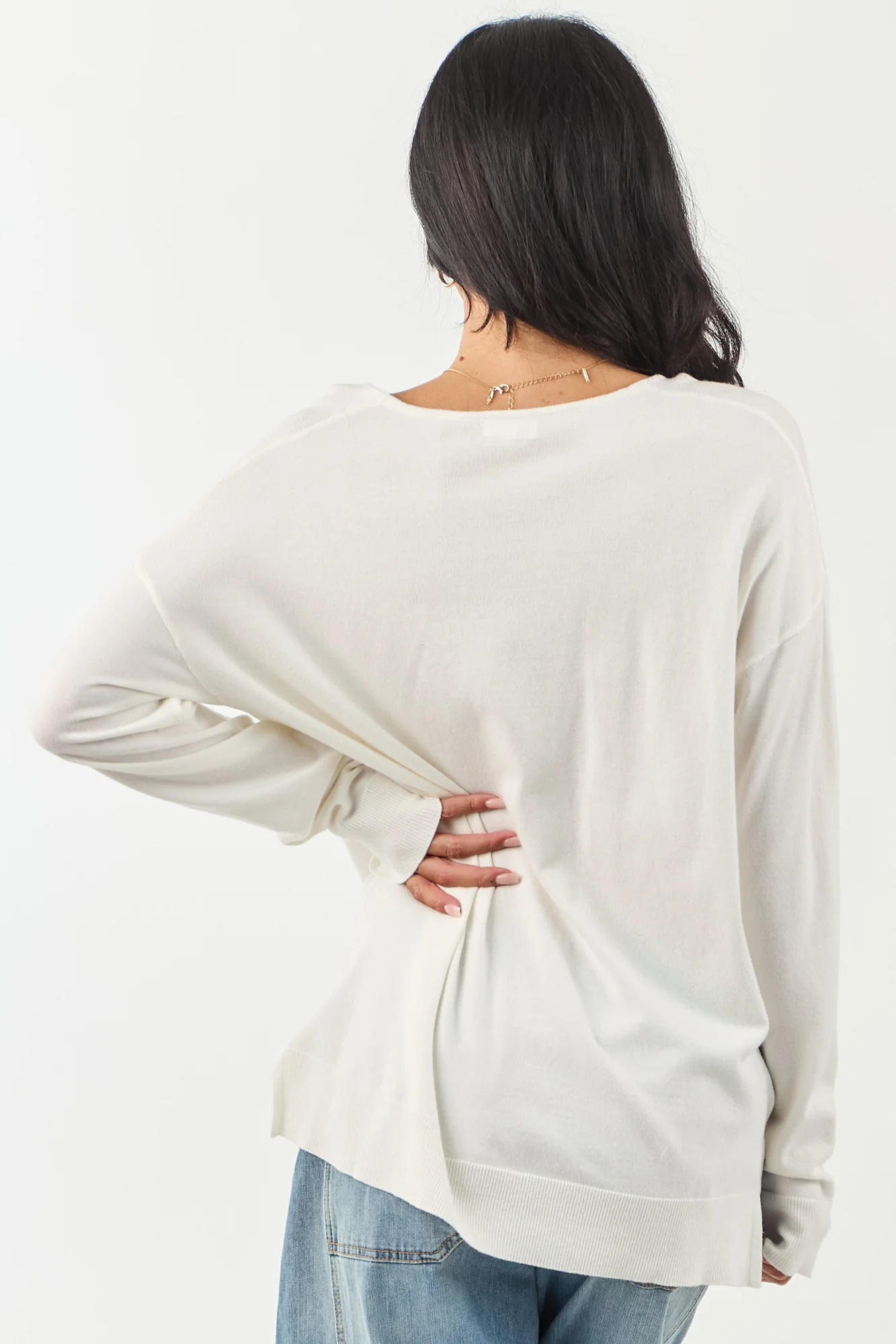 Relaxed Ivory Ribbed Knit V Neck Sweater