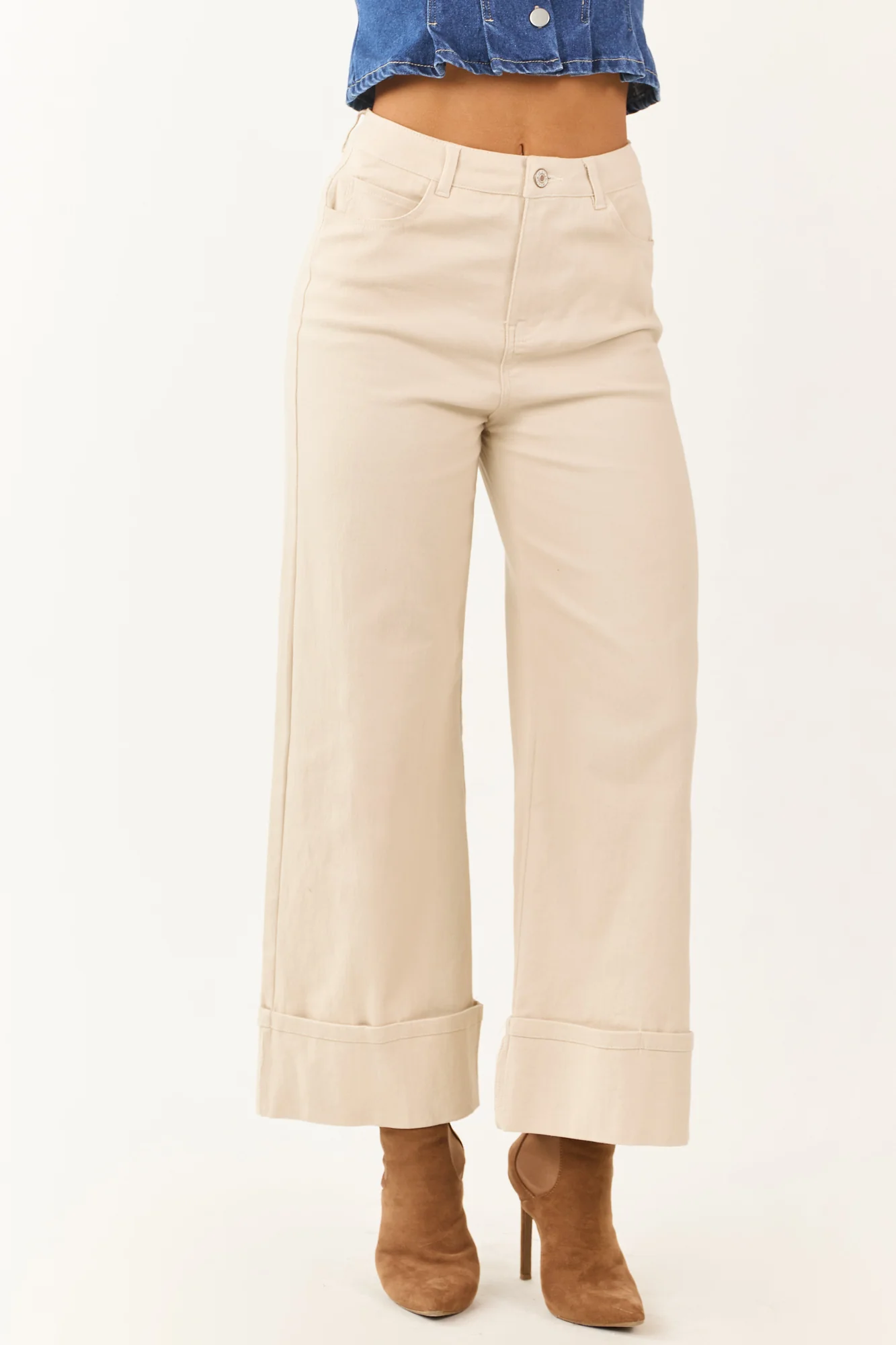 Almond Wide Leg Stretchy Jeans - High Rise Cuffed Ankle Length