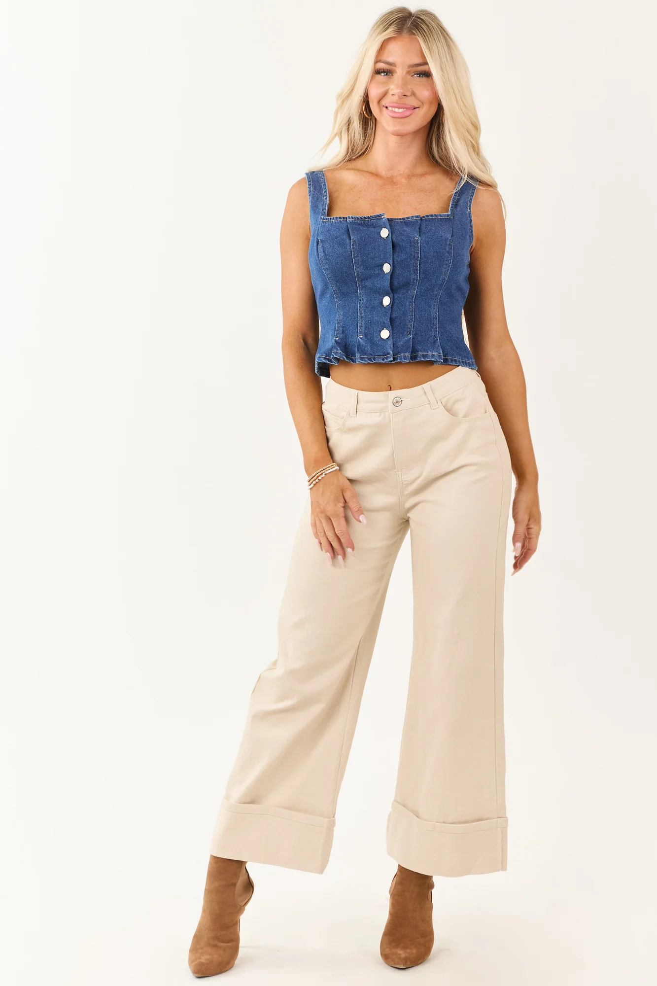 Almond Wide Leg Stretchy Jeans - High Rise Cuffed Ankle Length