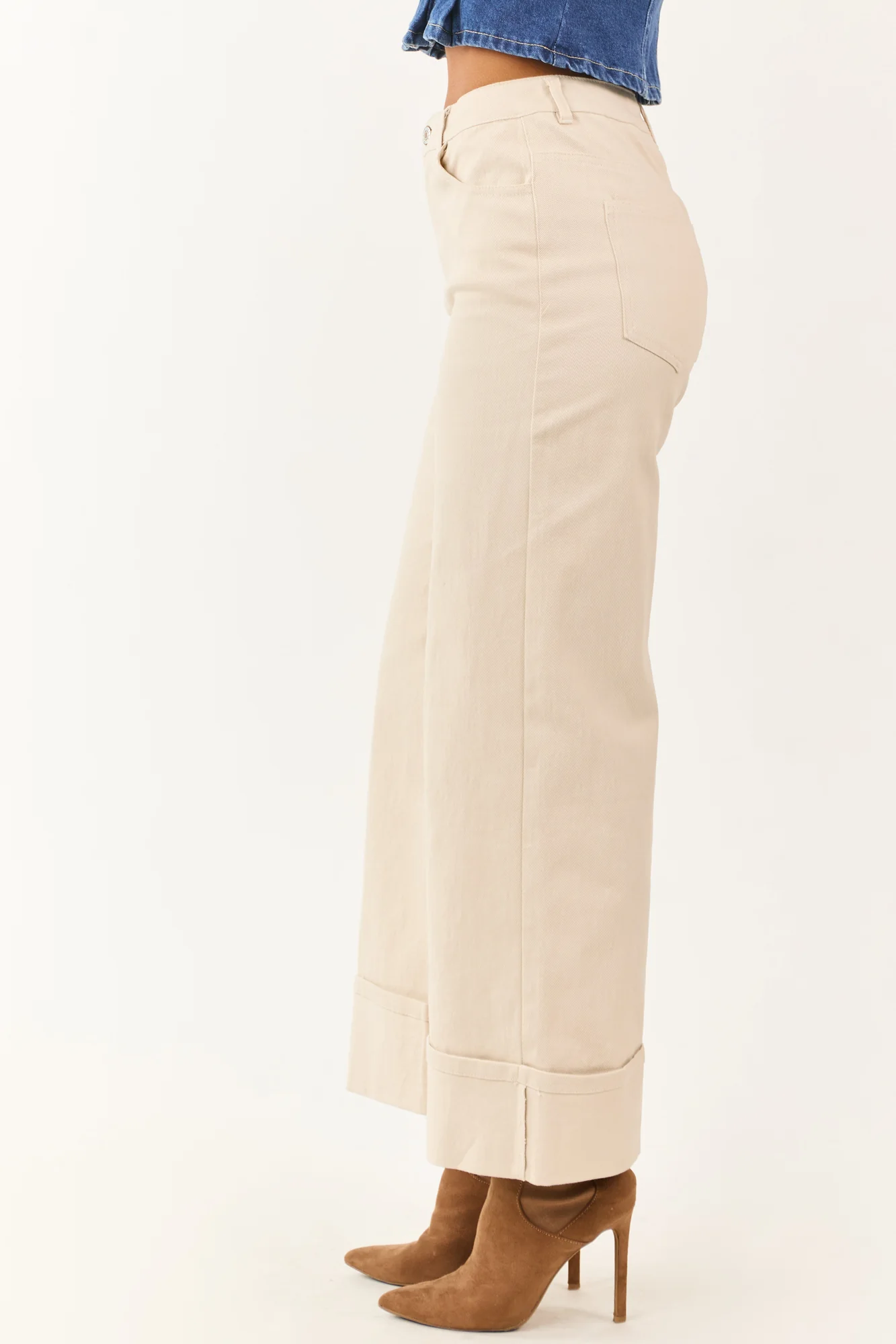 Almond Wide Leg Stretchy Jeans - High Rise Cuffed Ankle Length