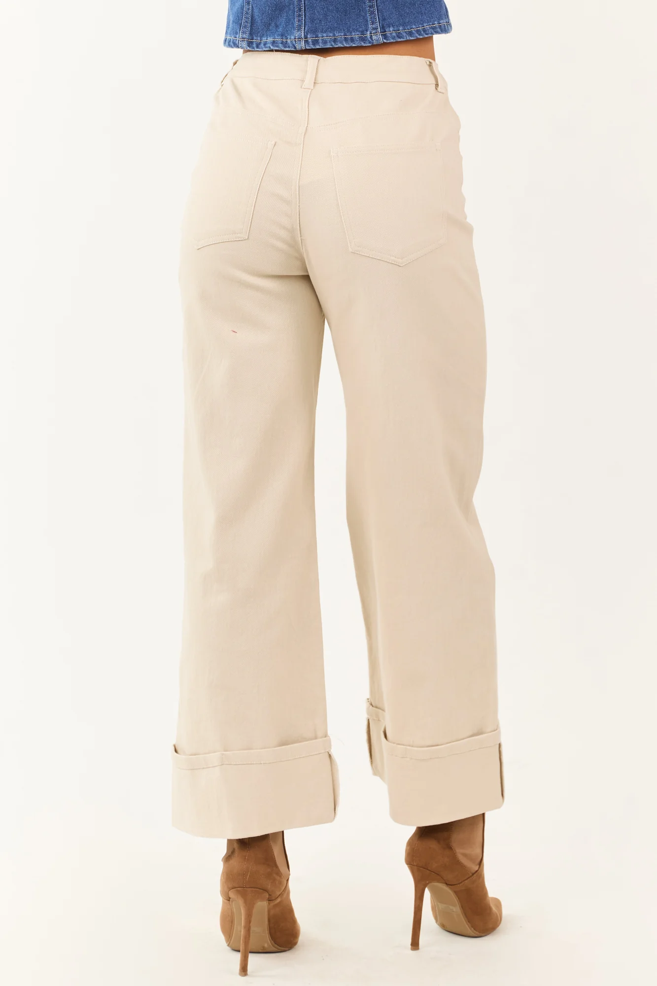 Almond Wide Leg Stretchy Jeans - High Rise Cuffed Ankle Length