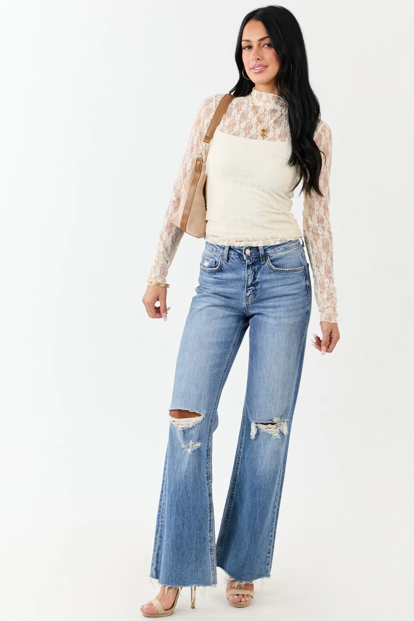 Cream Mesh Sheer High Neck Long Sleeve Top