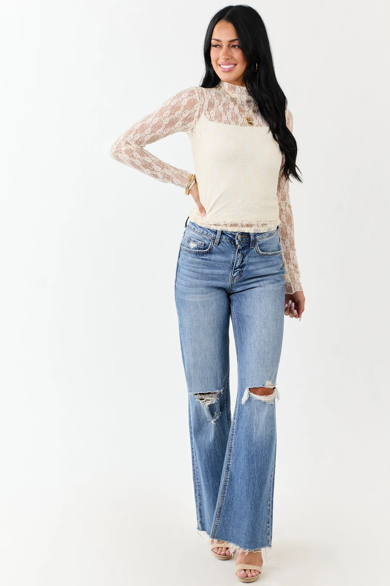 Cream Mesh Sheer High Neck Long Sleeve Top