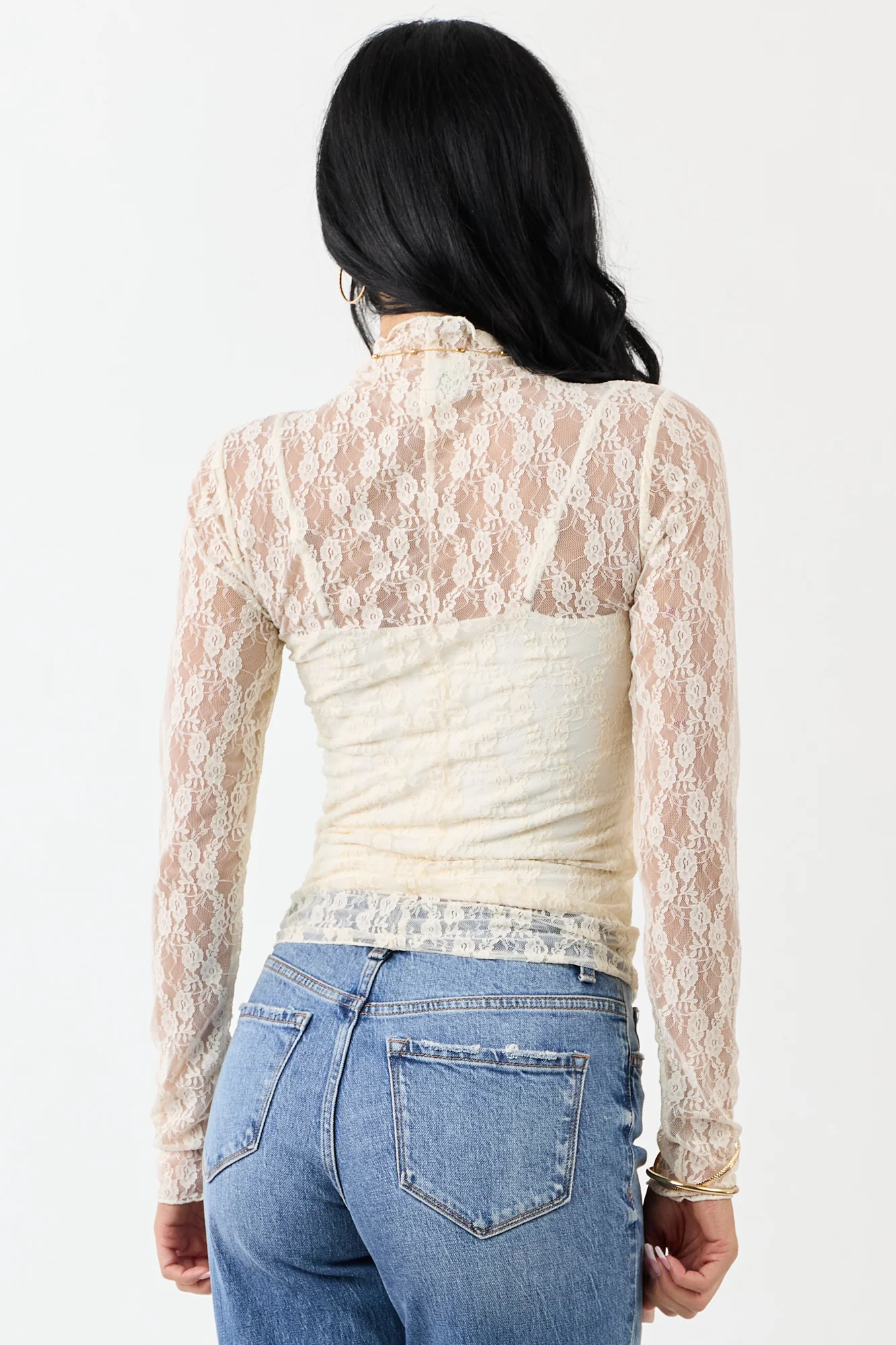Cream Mesh Sheer High Neck Long Sleeve Top