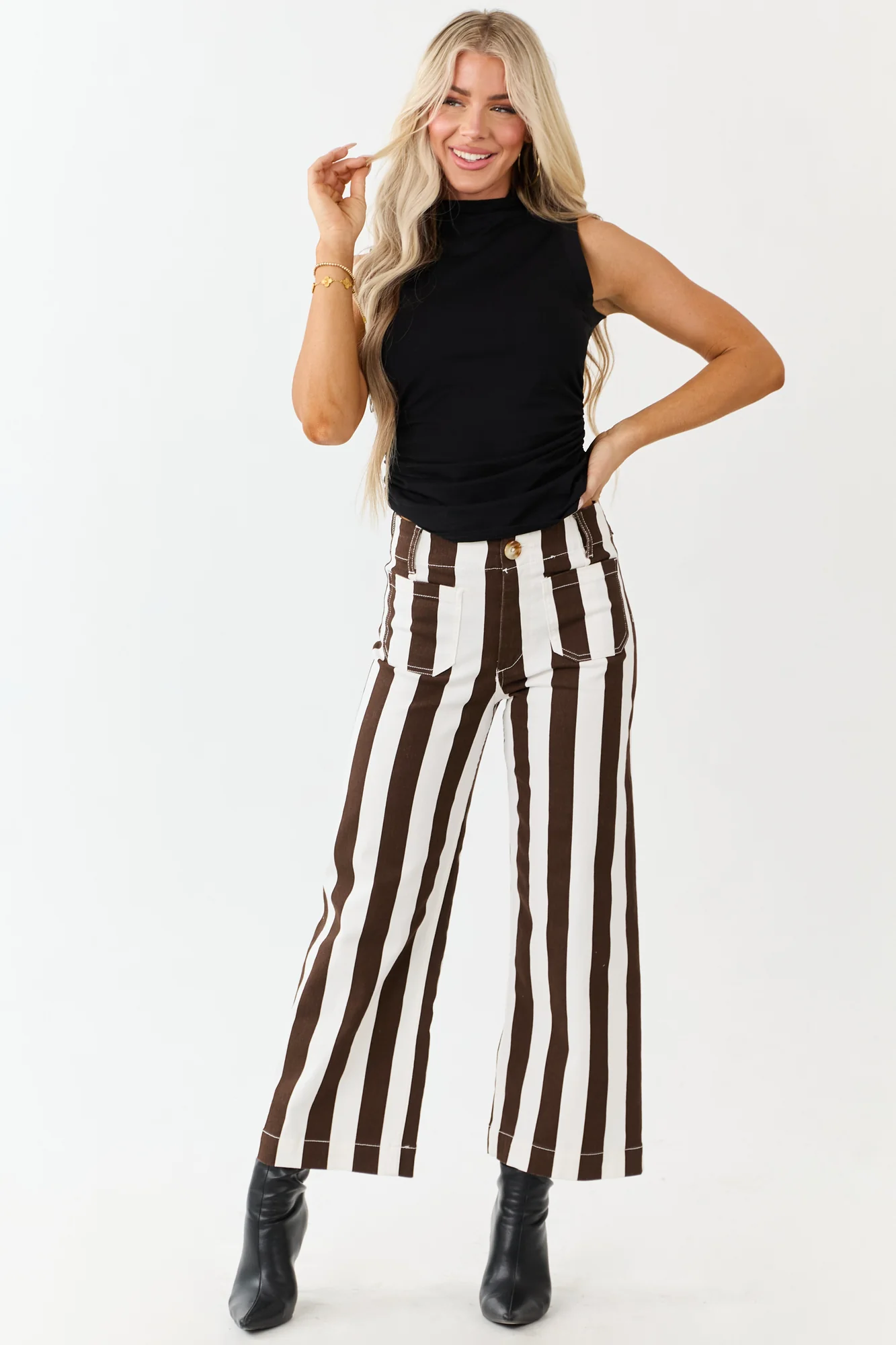 Cocoa Striped Wide Leg Cropped Jeans