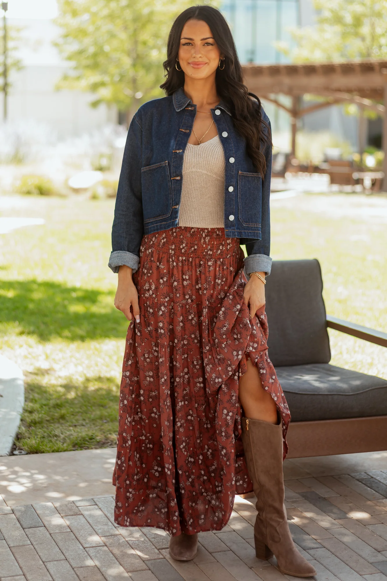 Boho Chic Floral Print Maxi Skirt in Rust Color