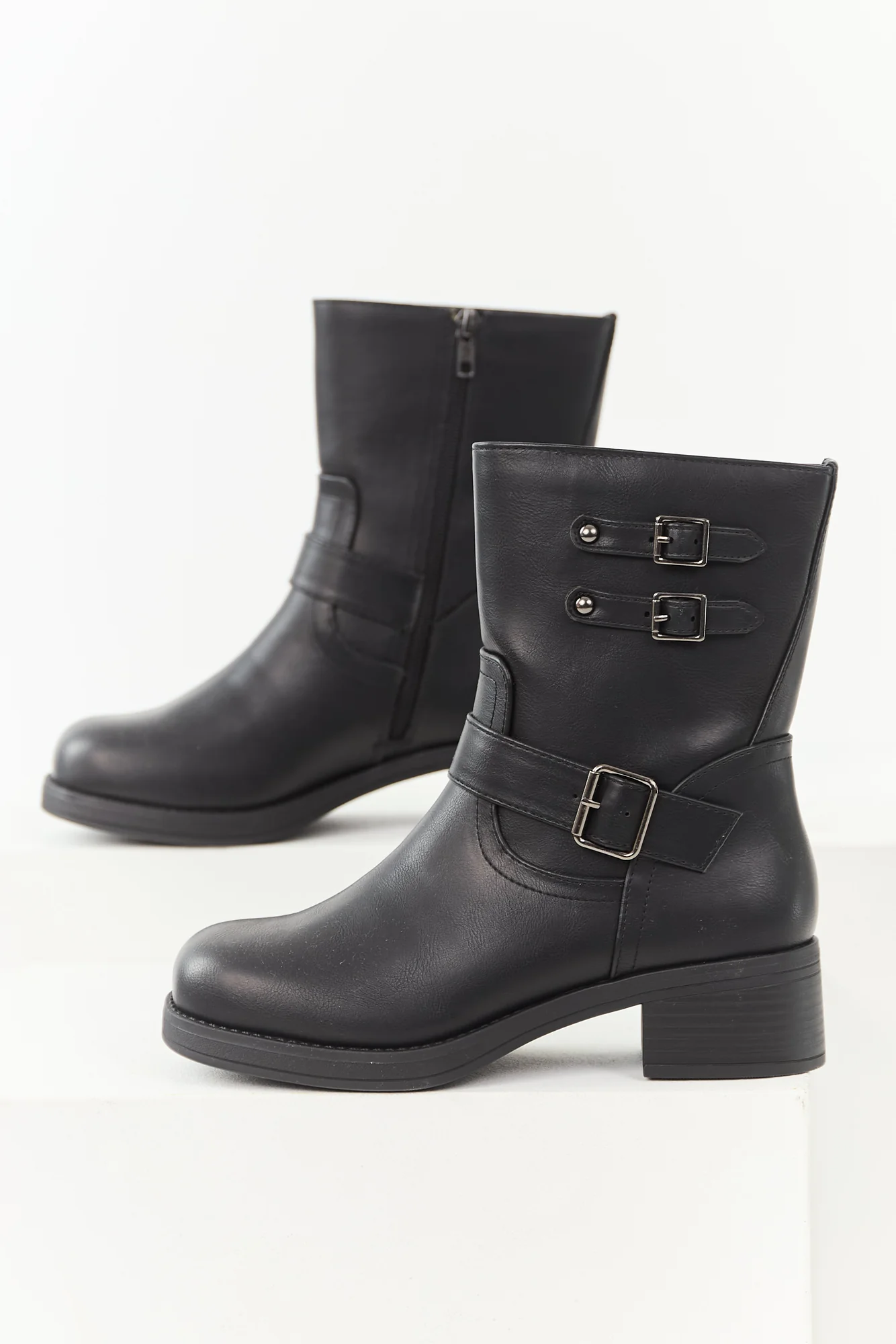 Black Buckle Block Heel Boots - Faux Leather
