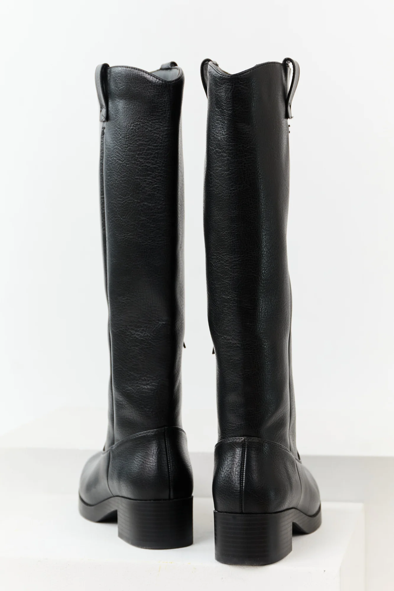 Chunky Heel Black Faux Leather Campus Boots 16.5"