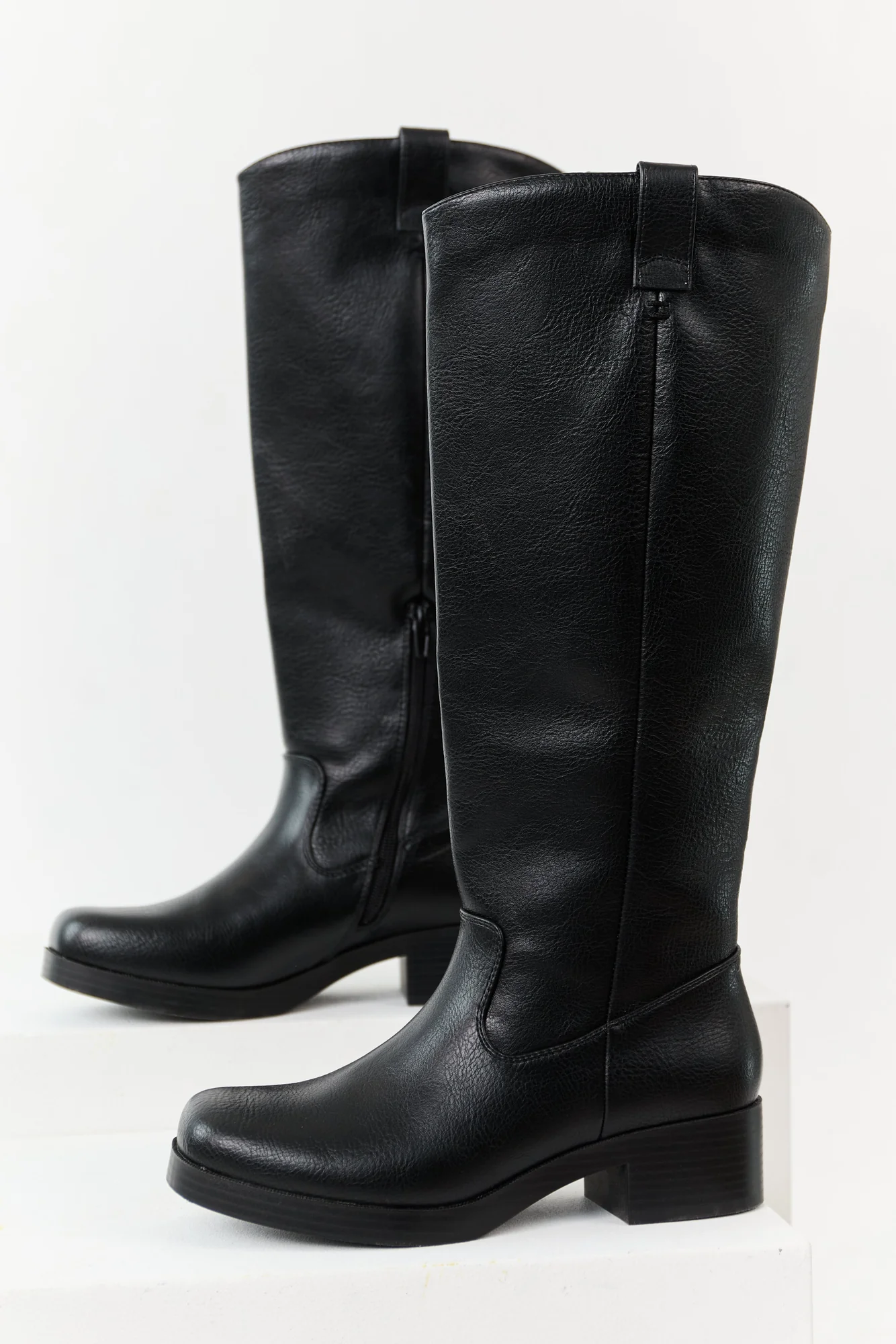 Chunky Heel Black Faux Leather Campus Boots 16.5"