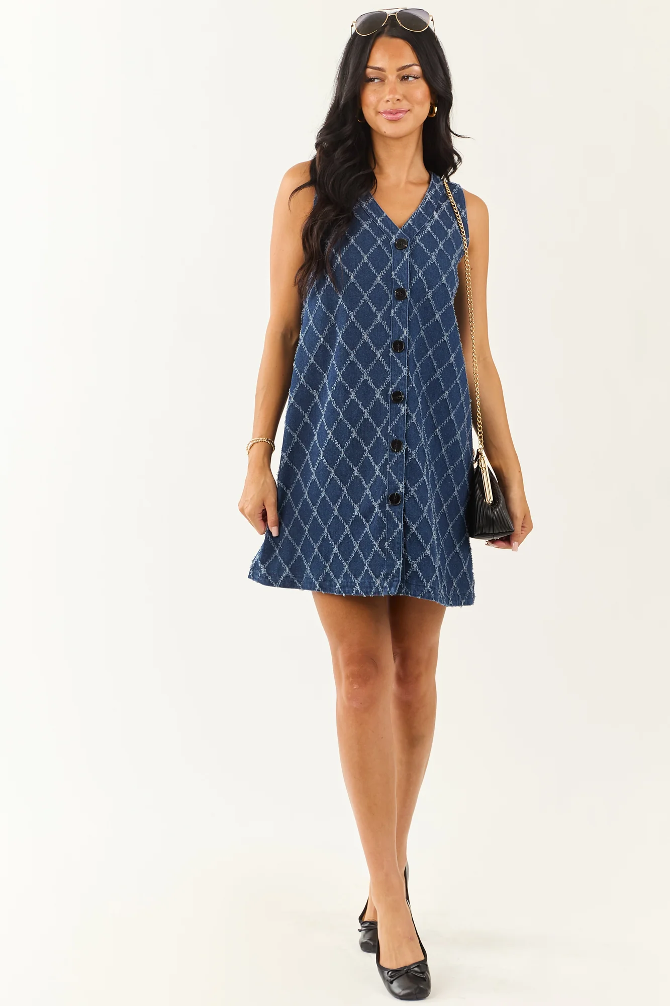 Geometric Pattern Dark Wash Denim Mini Dress