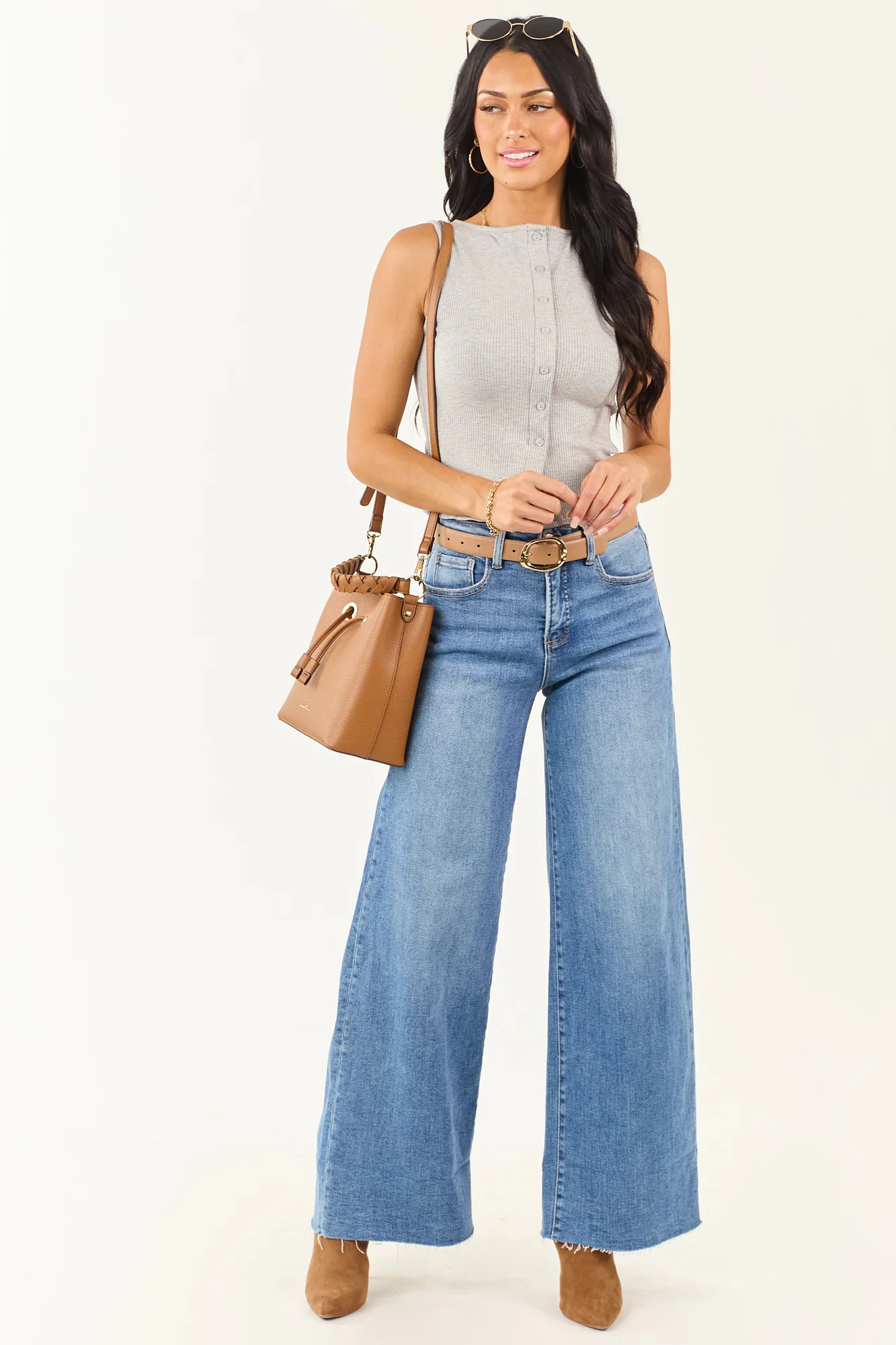 Ribbed Knit Grey Tank Top - Versatile Button Down Style