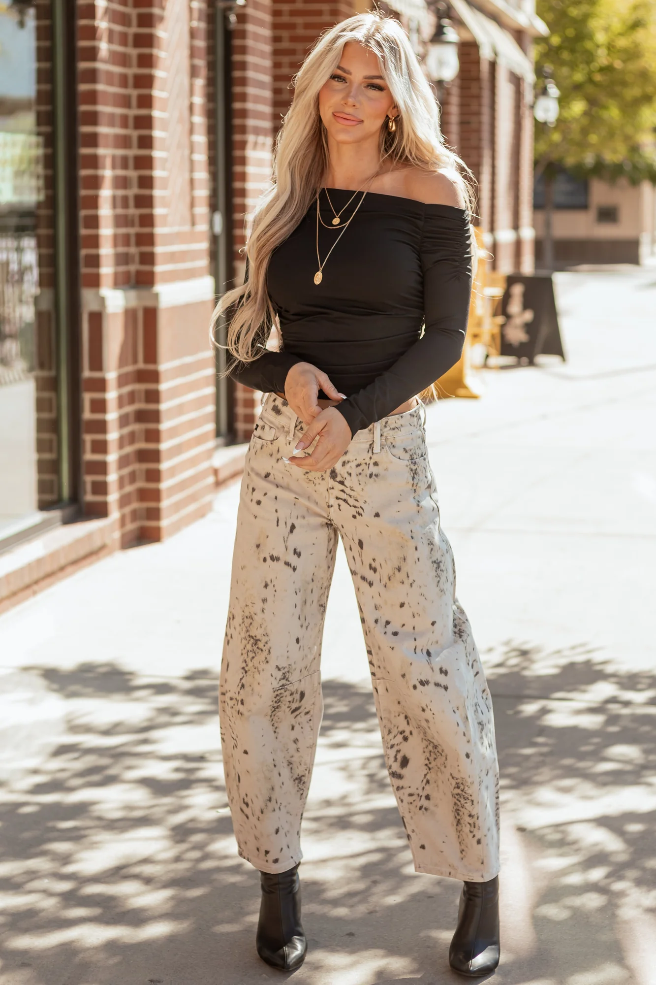 Speckled Print High Rise Barrel Jeans in Charcoal and Pale Desert