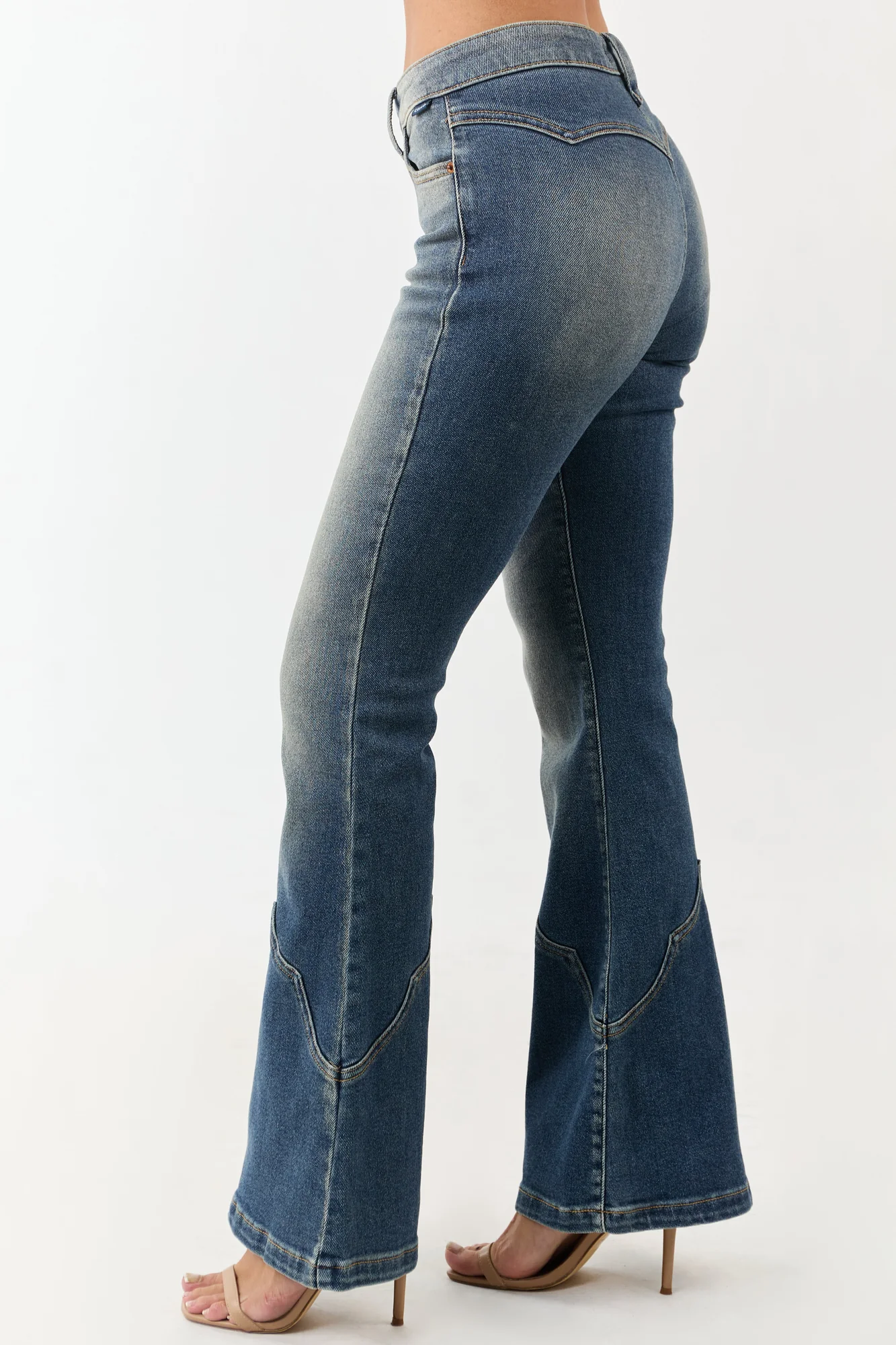 Mid Rise Stretchy Flare Jeans in Blue Denim - Vintage Western Style