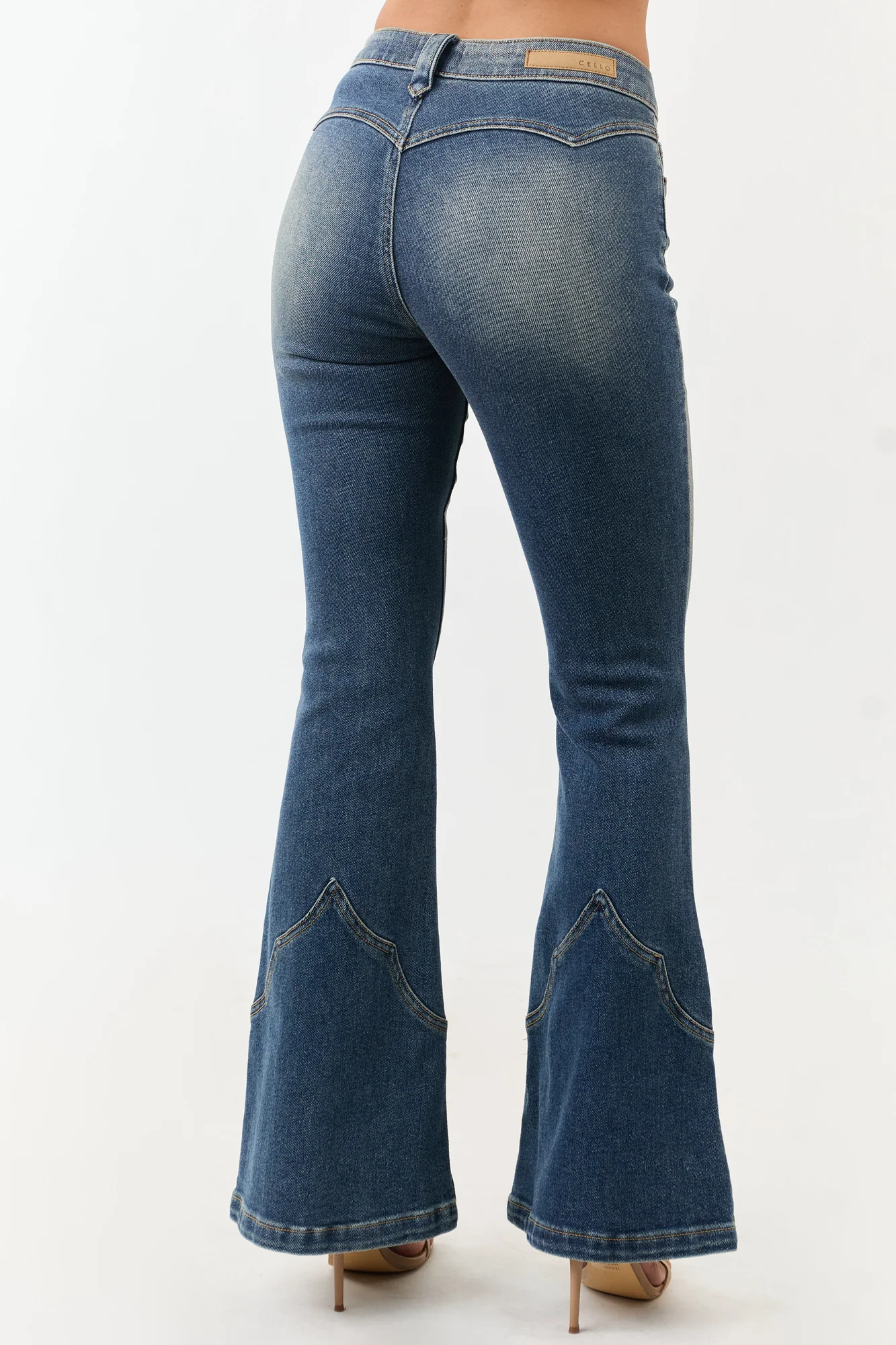 Mid Rise Stretchy Flare Jeans in Blue Denim - Vintage Western Style