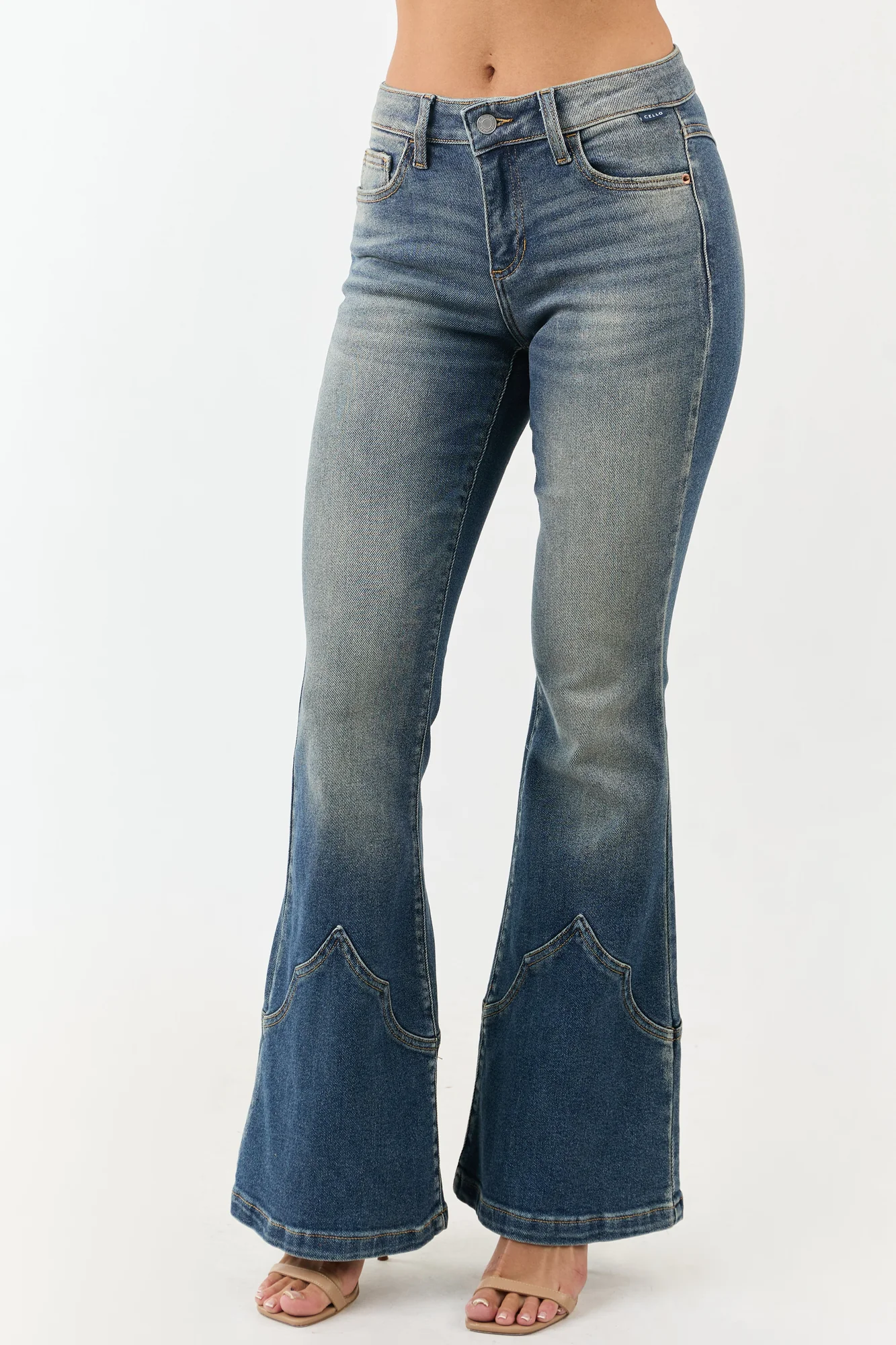 Mid Rise Stretchy Flare Jeans in Blue Denim - Vintage Western Style
