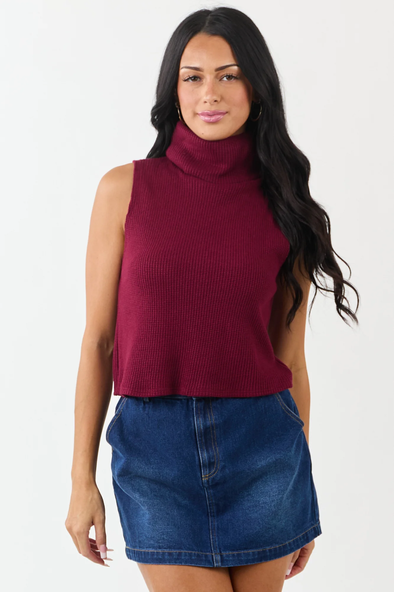Red Soft Knit Turtleneck Sweater Tank Top