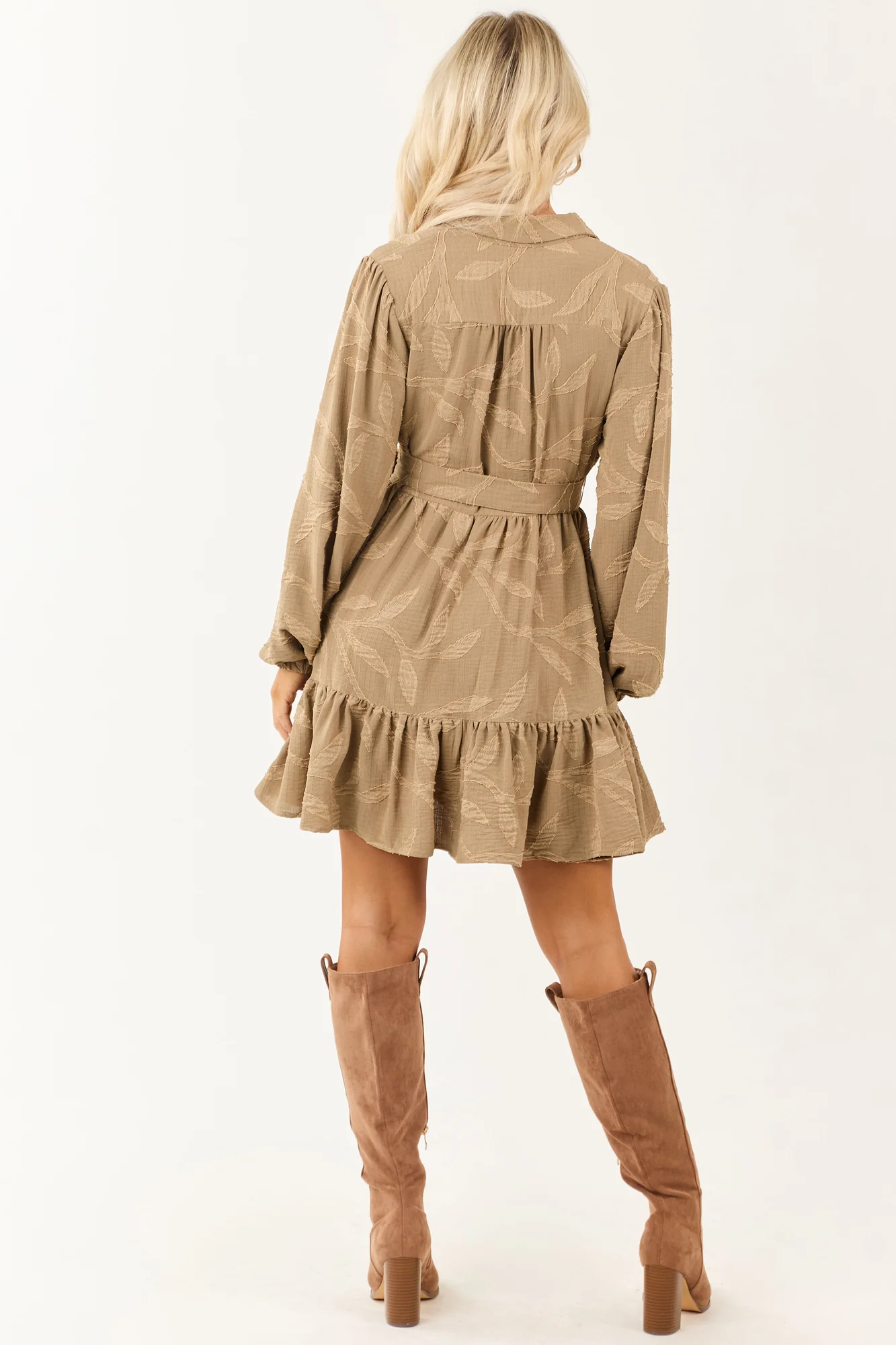 Neutral Leaf Textured Collared Shift Dress
