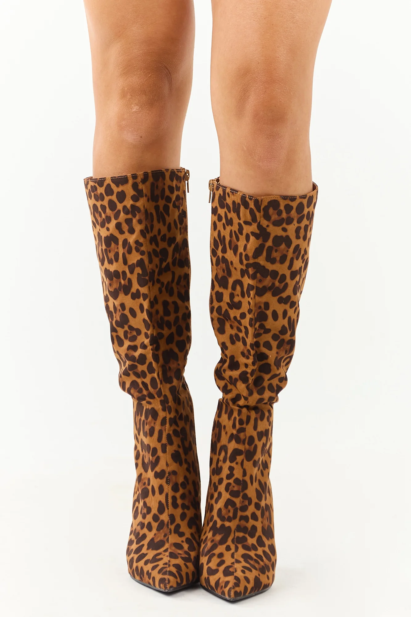Leopard Print Stiletto Tall Boots - Womens Faux Suede Heeled Footwear