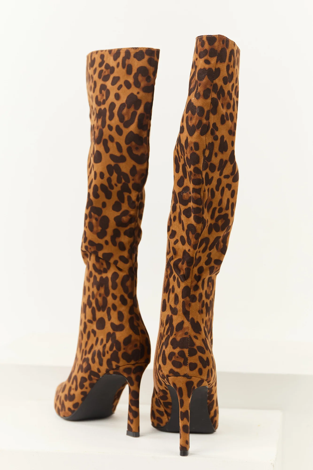 Leopard Print Stiletto Tall Boots - Womens Faux Suede Heeled Footwear