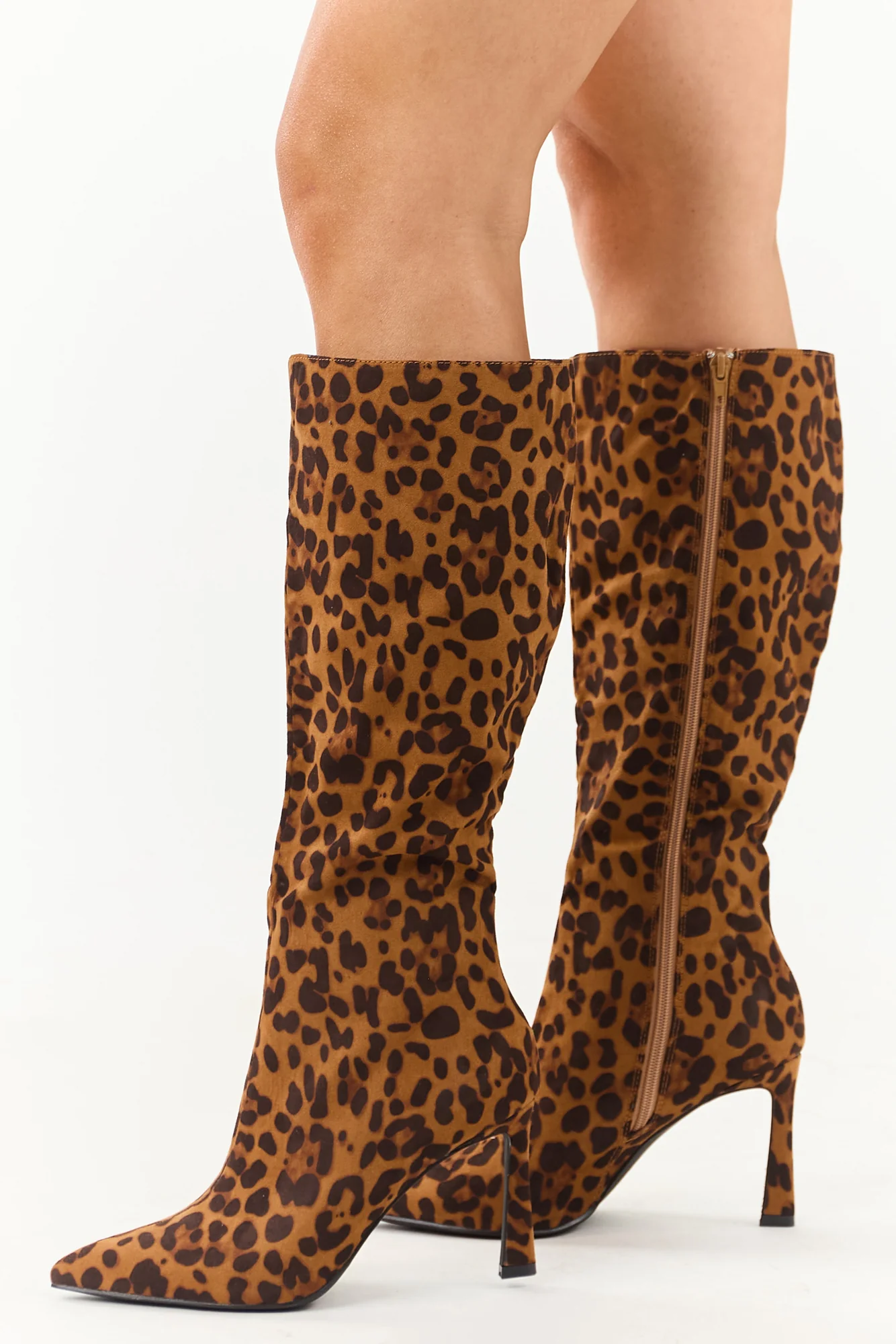 Leopard Print Stiletto Tall Boots - Womens Faux Suede Heeled Footwear