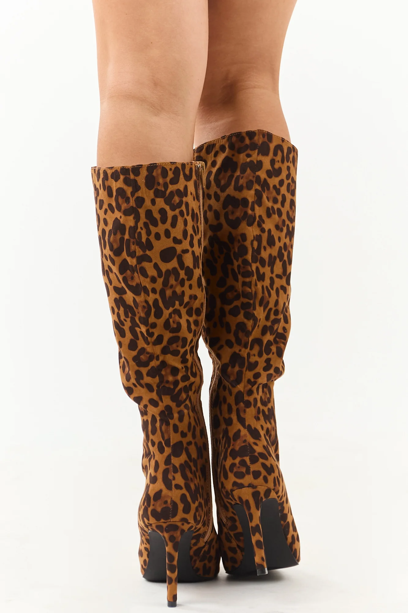 Leopard Print Stiletto Tall Boots - Womens Faux Suede Heeled Footwear