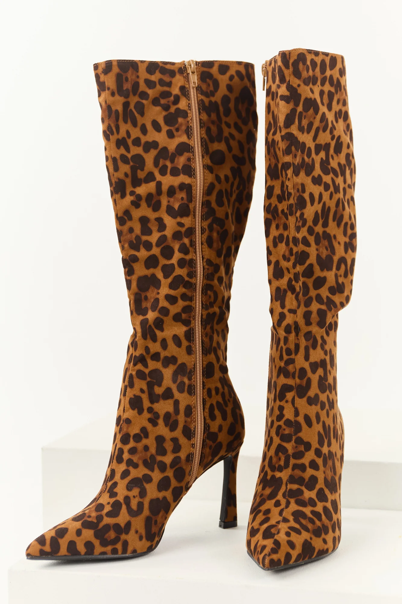 Leopard Print Stiletto Tall Boots - Womens Faux Suede Heeled Footwear