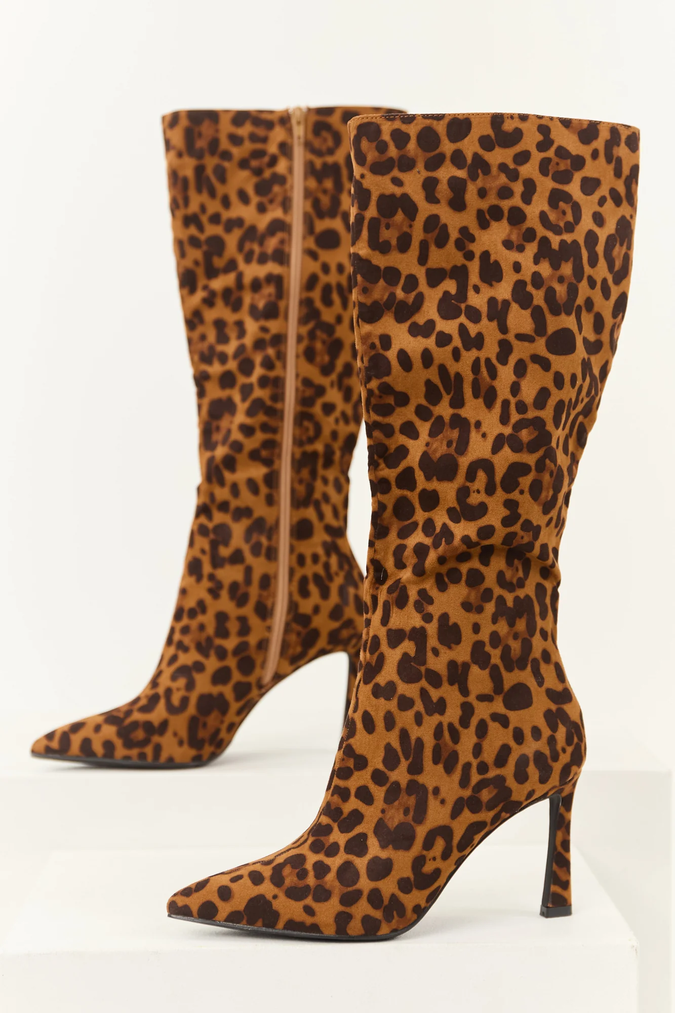 Leopard Print Stiletto Tall Boots - Womens Faux Suede Heeled Footwear