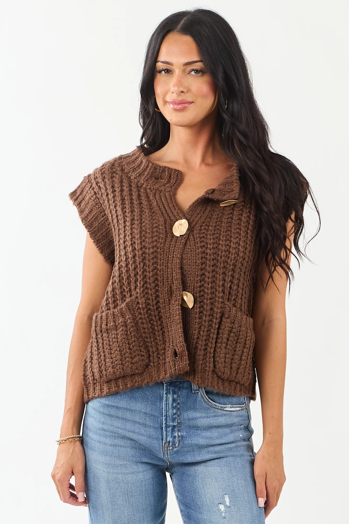 Cocoa Knit Sweater Vest with Gold Buttons