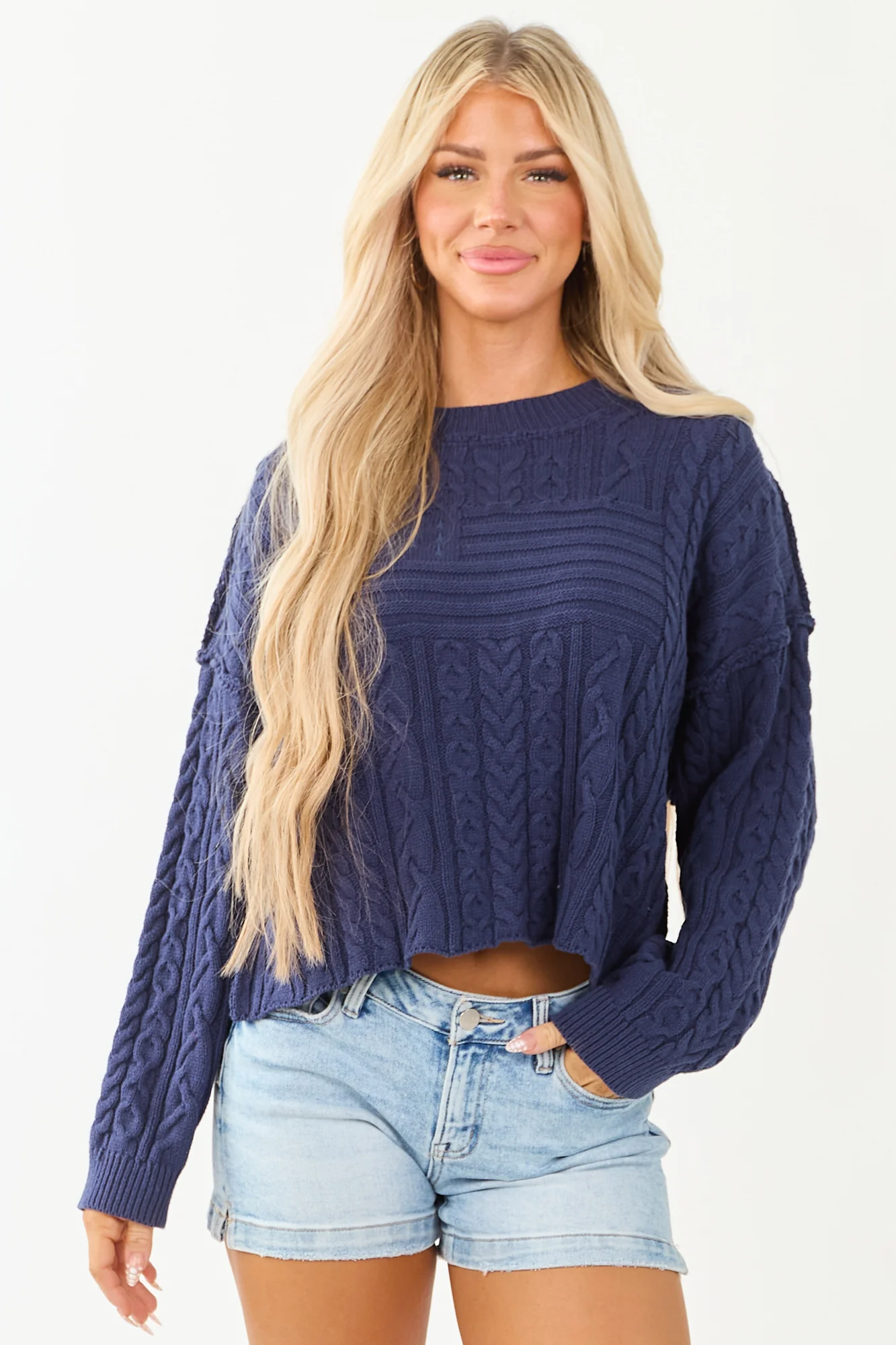 Navy Cable Knit Oversized Sweater with Flag Detail