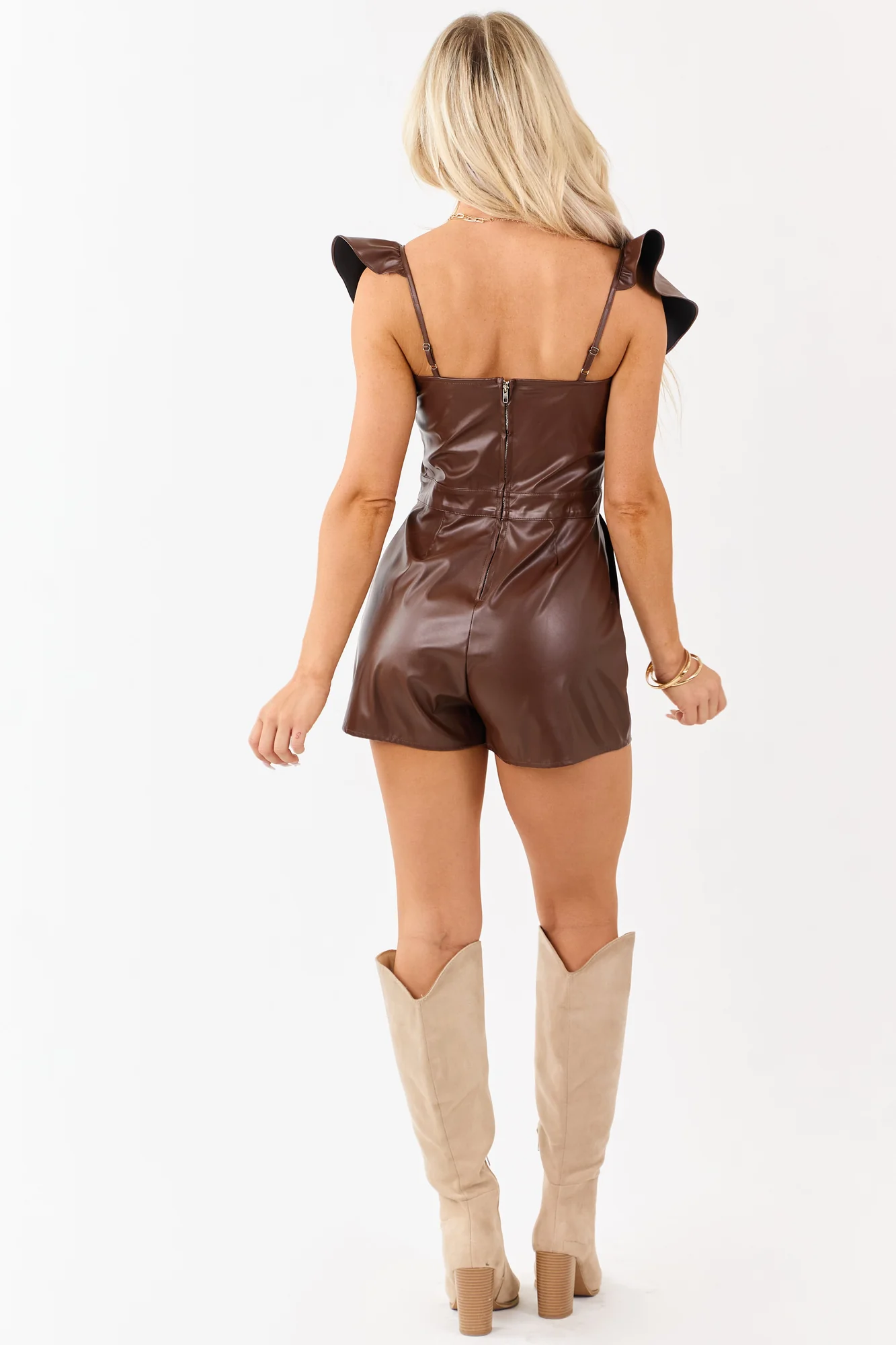 Brown Short Sleeve Faux Leather Romper Dress