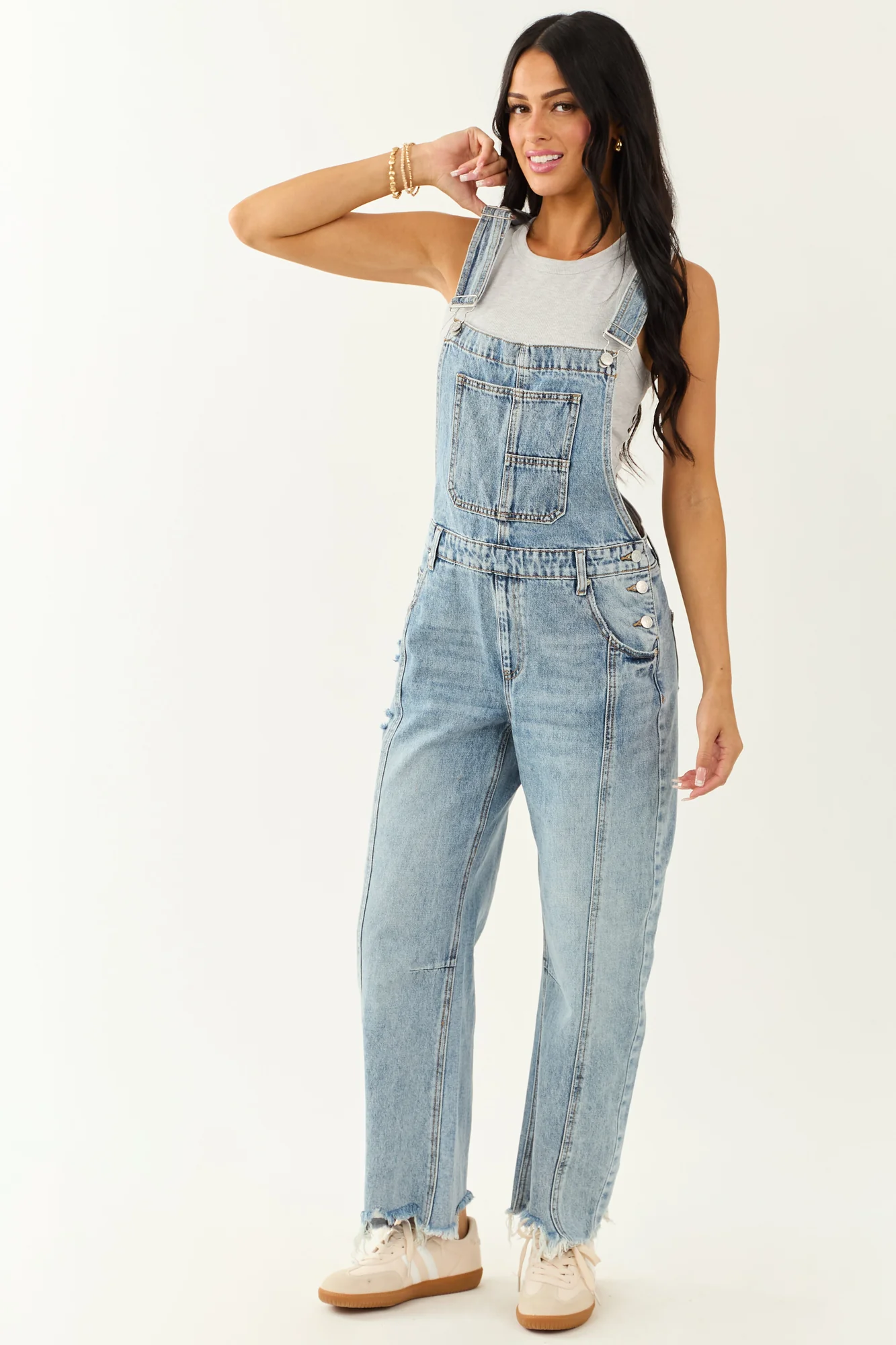 Light Wash Denim Barrel Leg Overalls for Women