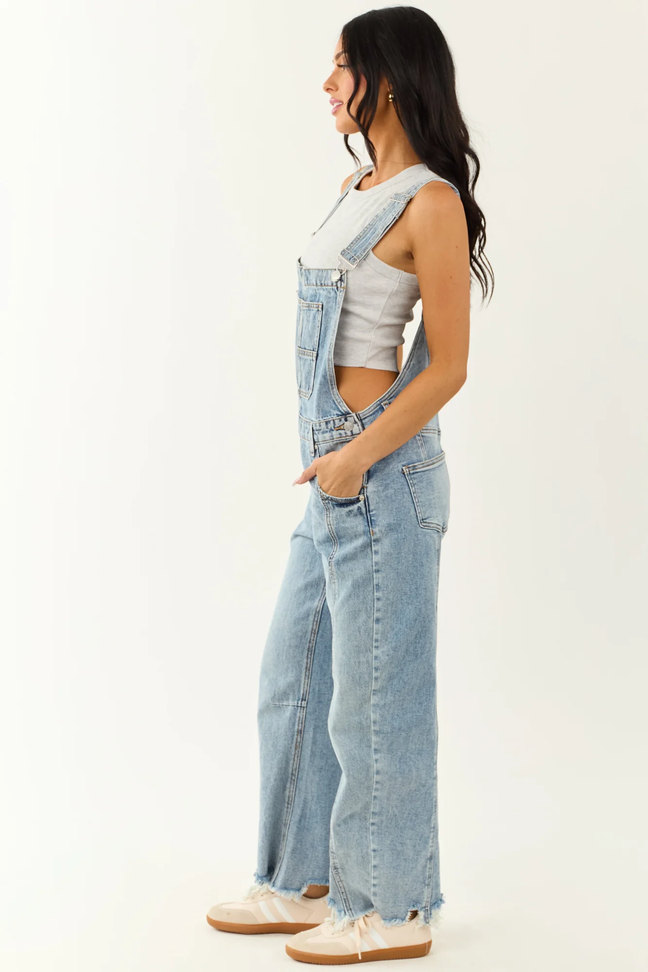 Light Wash Denim Barrel Leg Overalls for Women