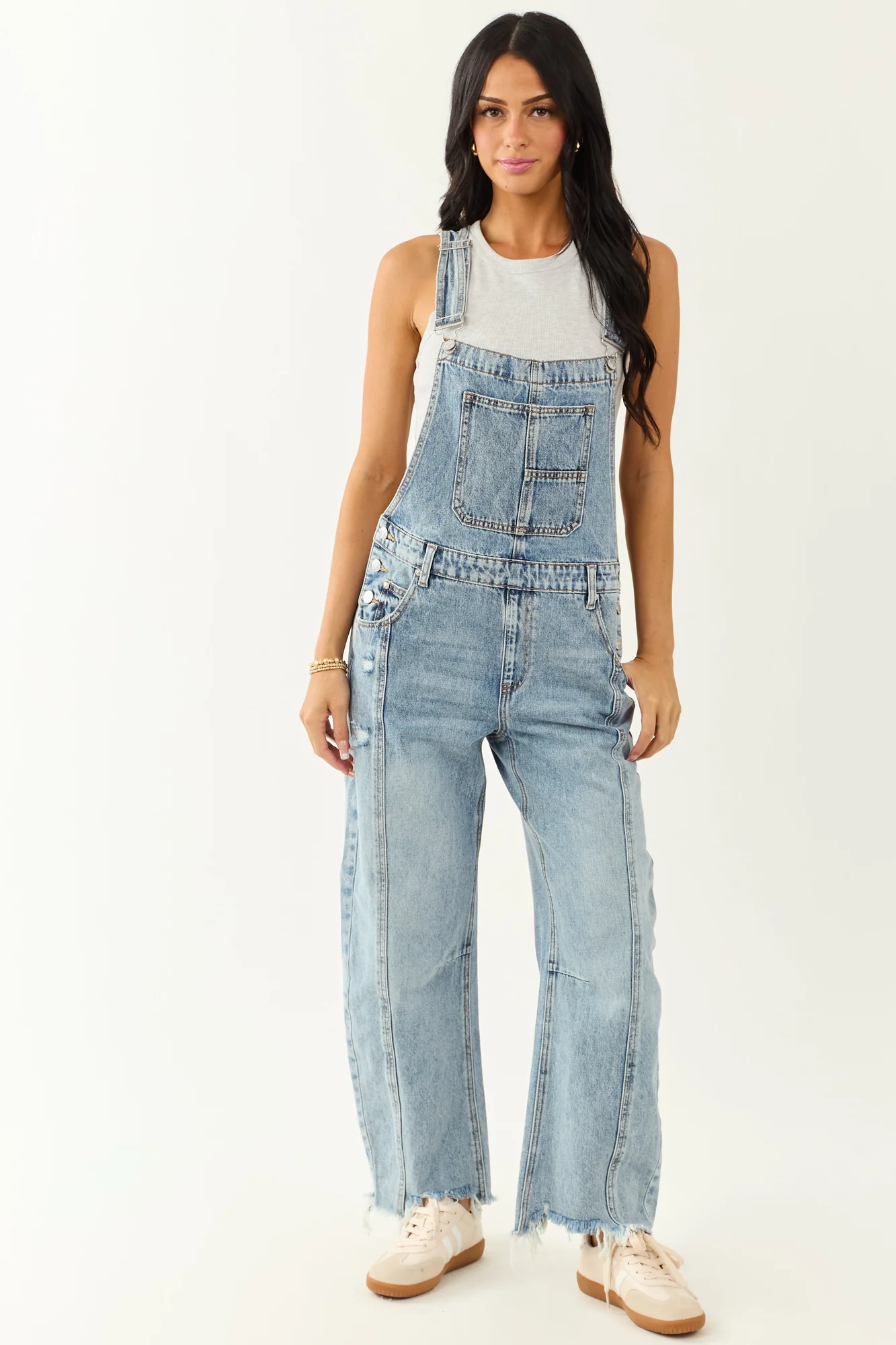 Light Wash Denim Barrel Leg Overalls for Women