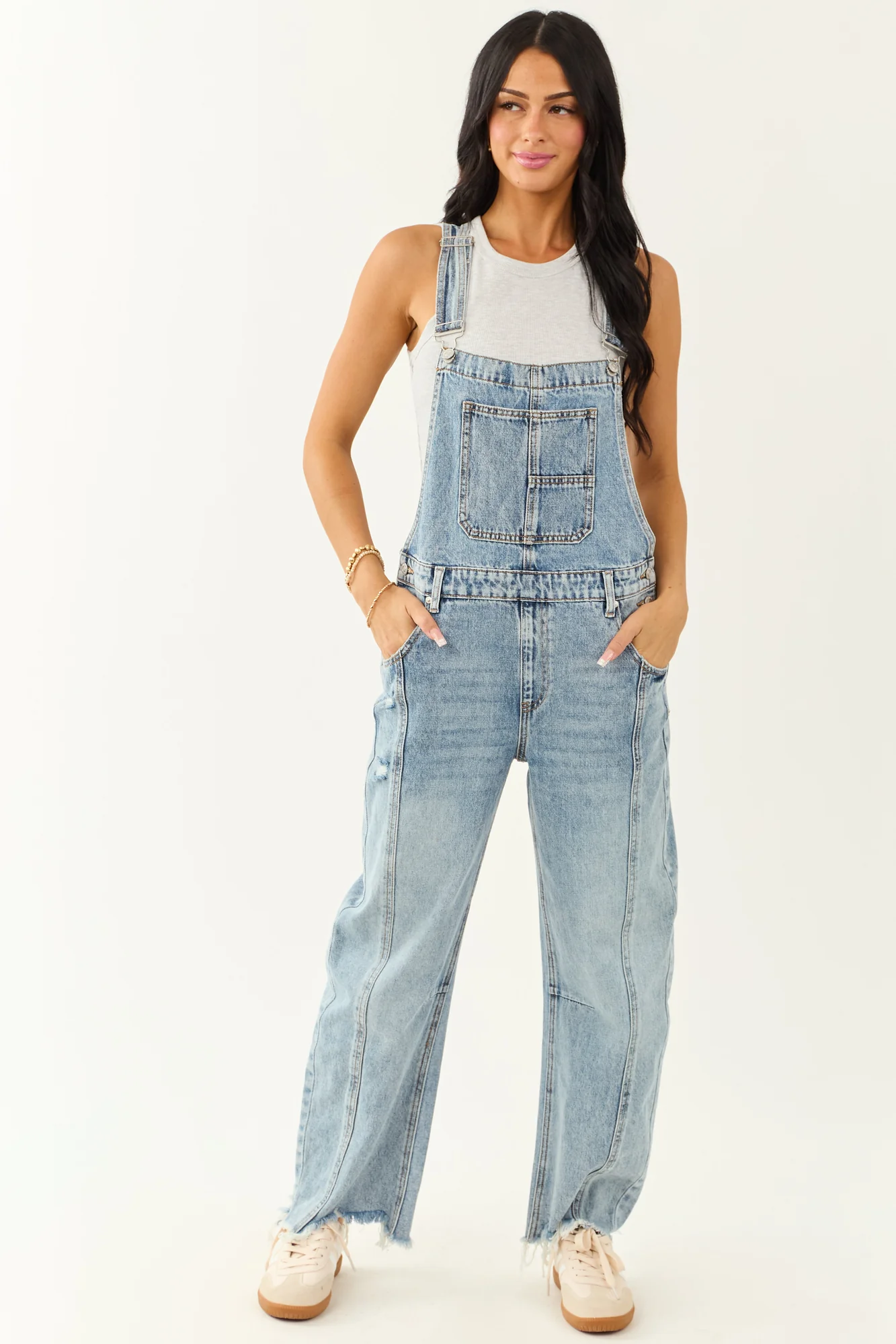 Light Wash Denim Barrel Leg Overalls for Women