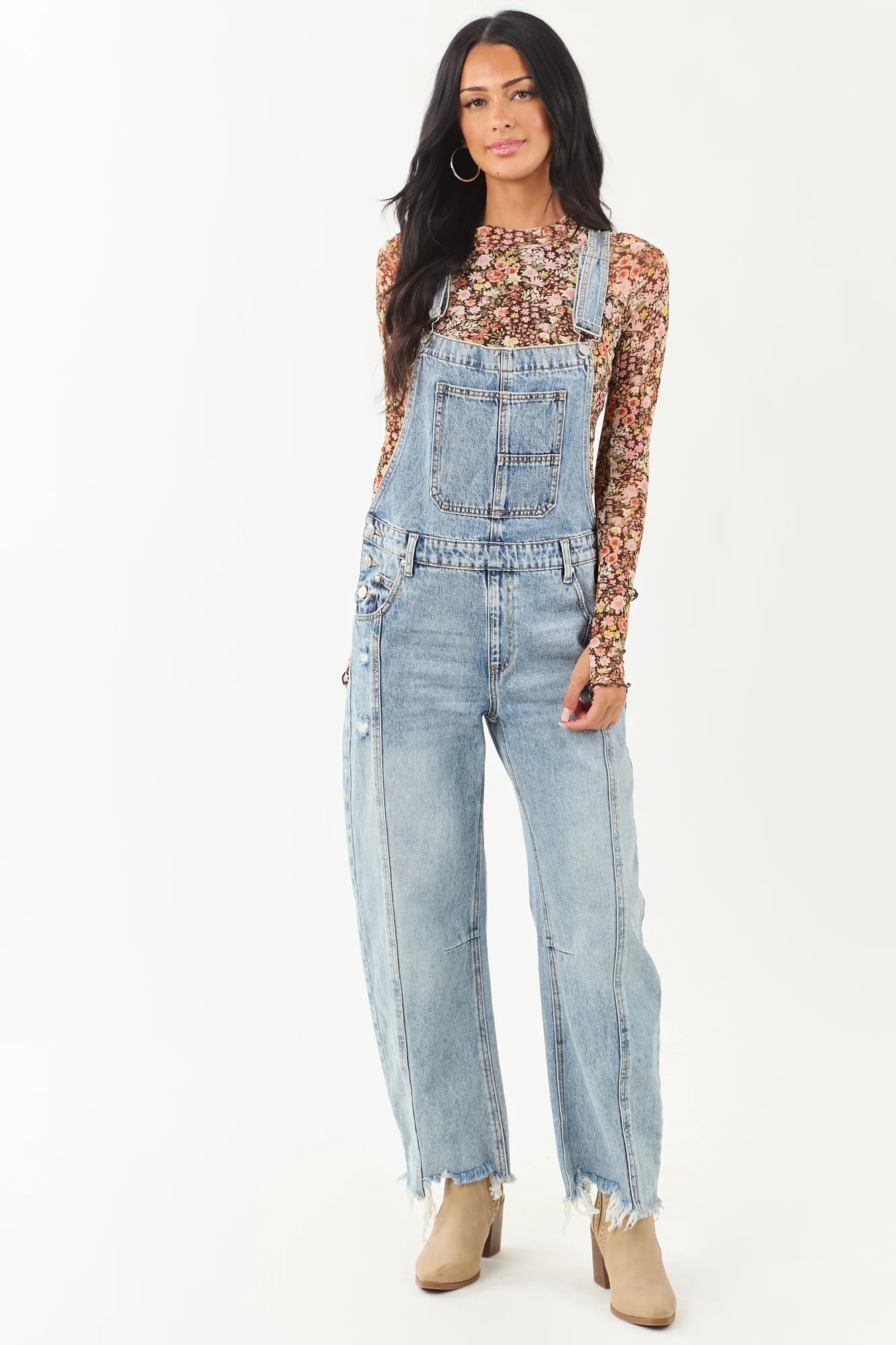 Light Wash Denim Barrel Leg Overalls for Women