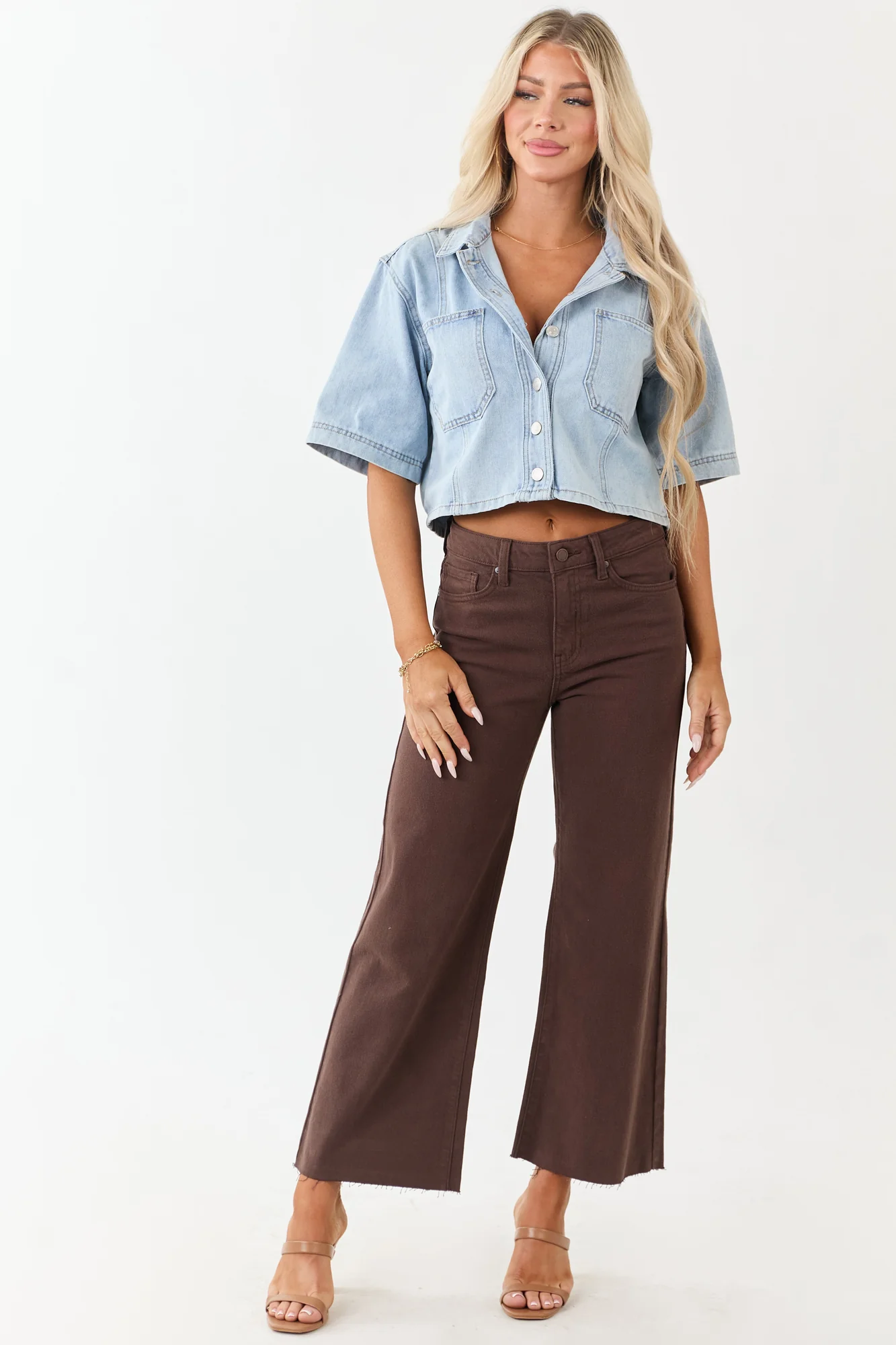 Brown High Rise Cropped Wide Leg Jeans