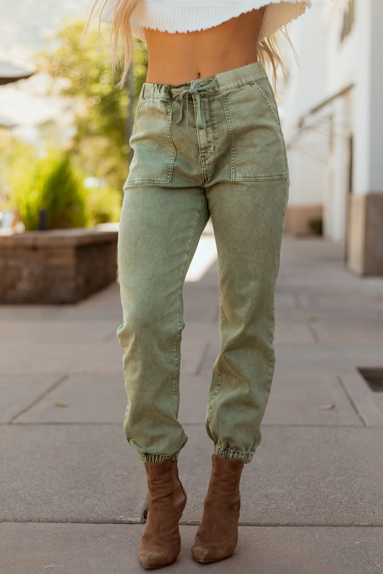 Faded Olive Stretch Denim Jogger Jeans