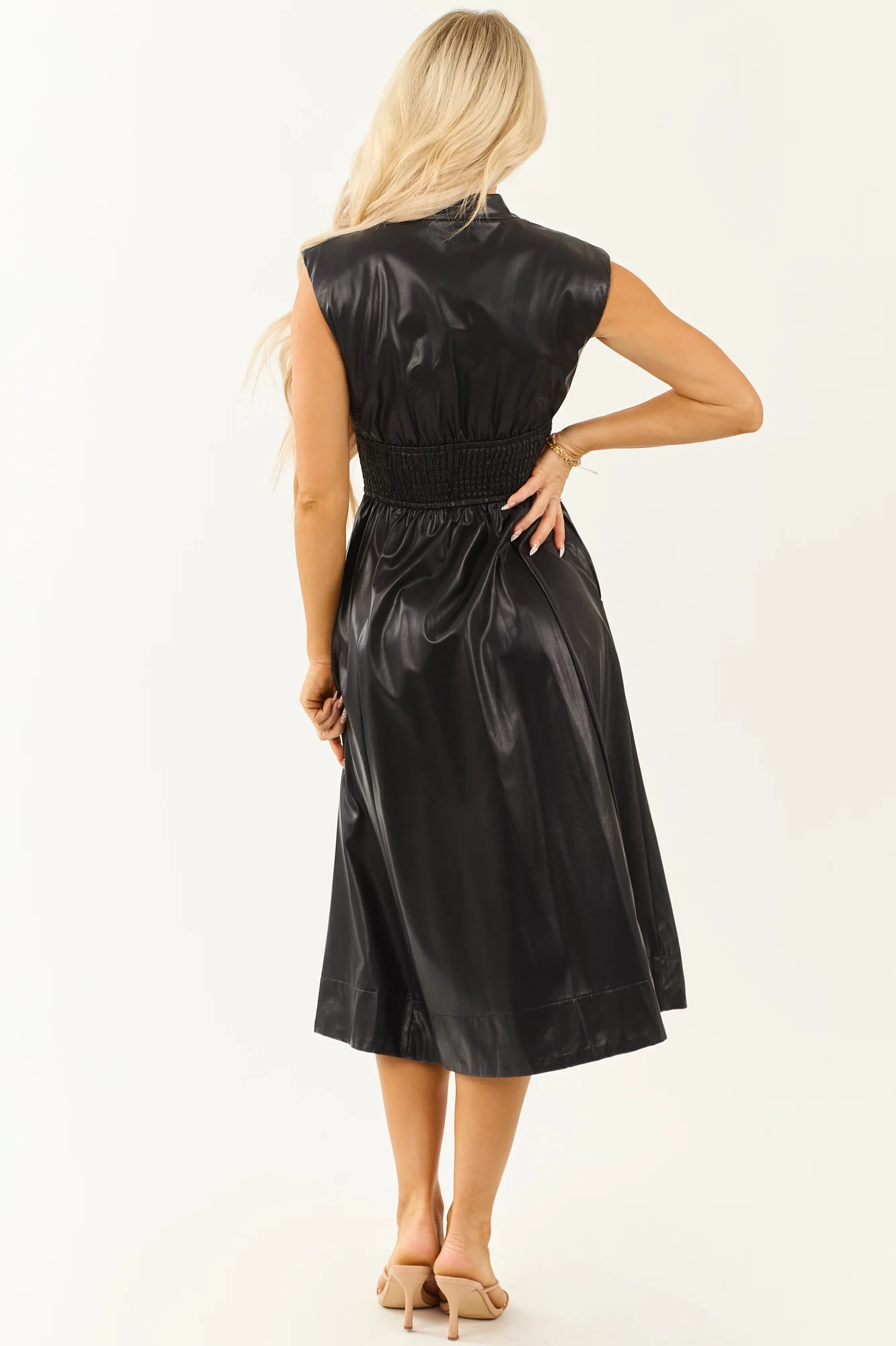 Black Faux Leather Smocked Zip-Up Womens Midi Dress