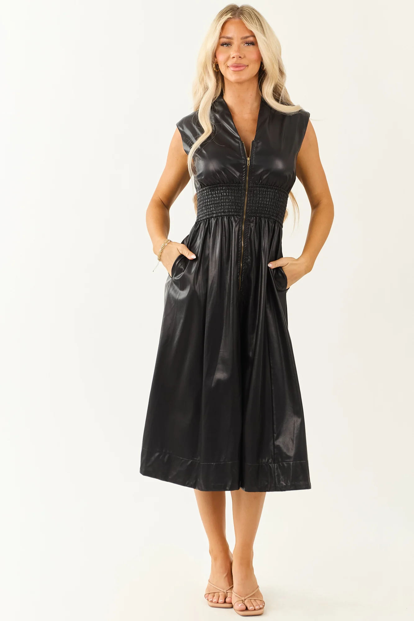 Black Faux Leather Smocked Zip-Up Womens Midi Dress