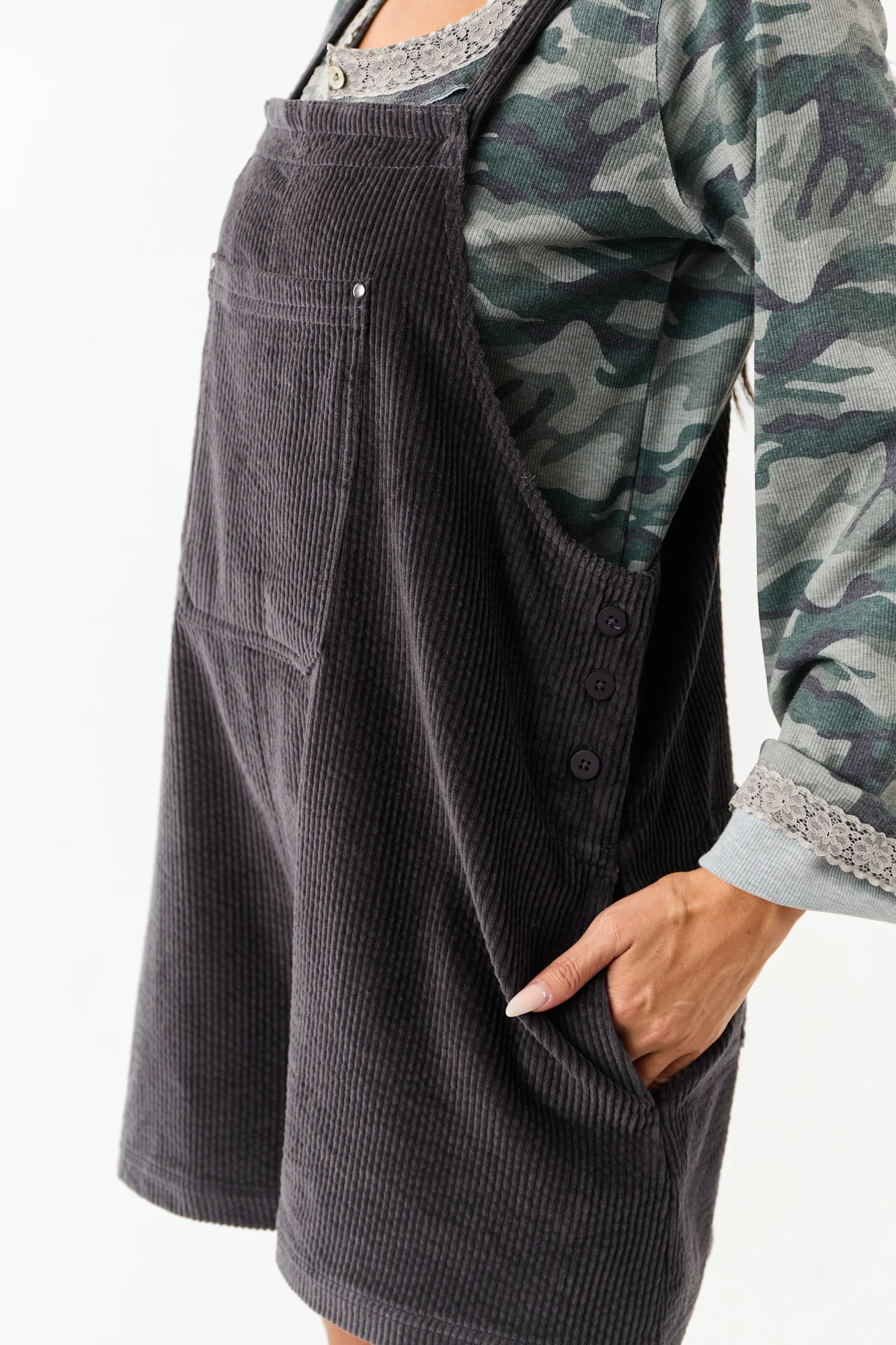 Grey Corduroy Relaxed Overalls Romper