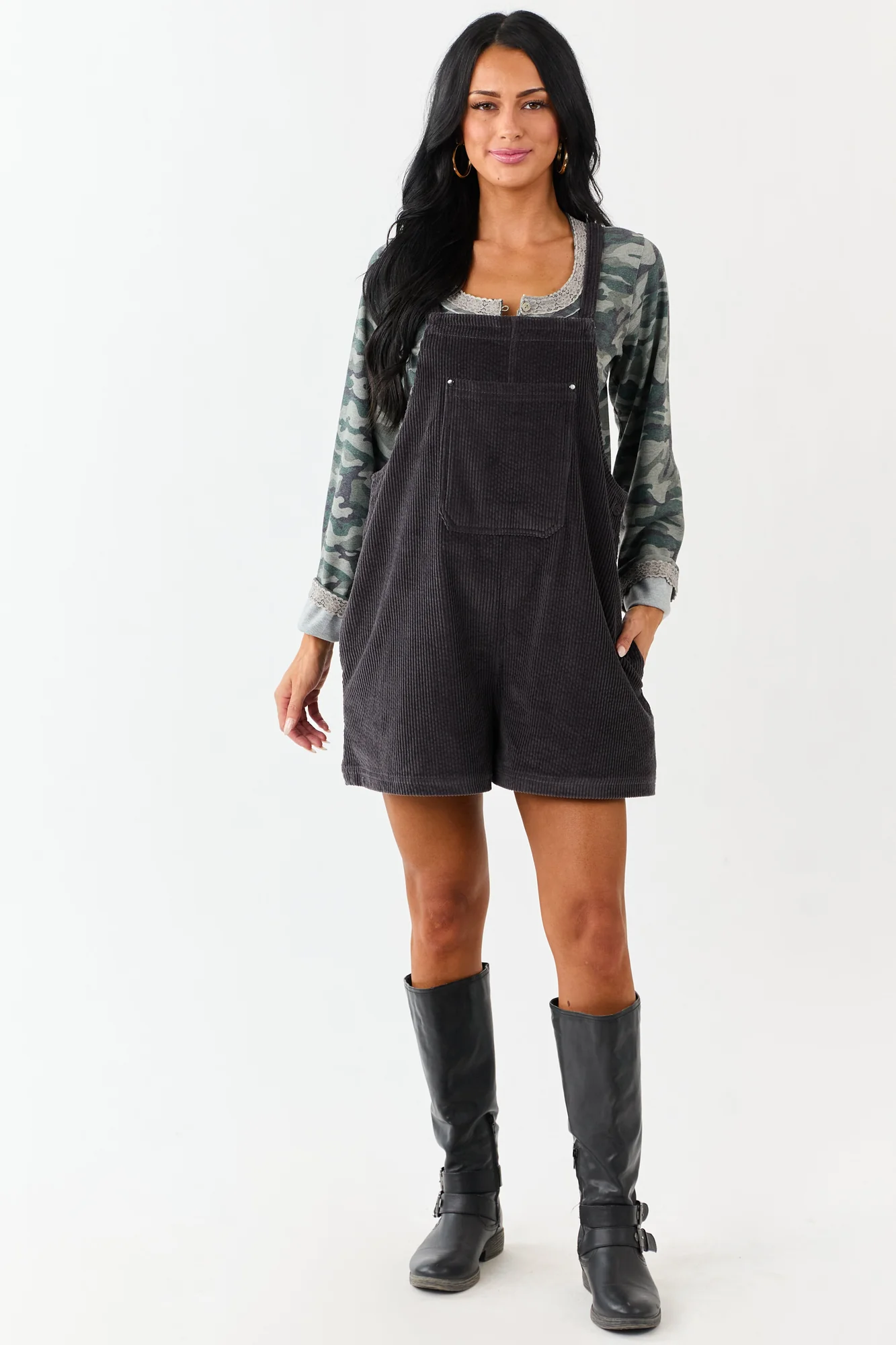 Grey Corduroy Relaxed Overalls Romper