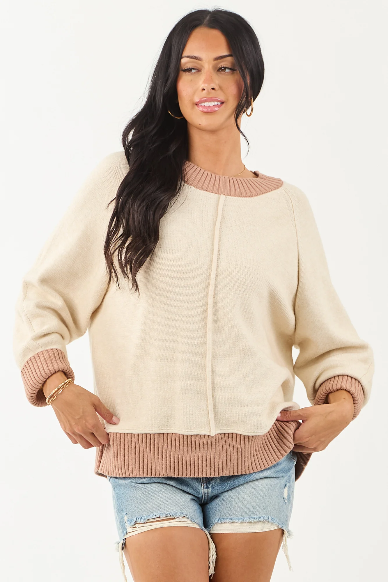 Almond and Rose Taupe Relaxed Knit Sweater