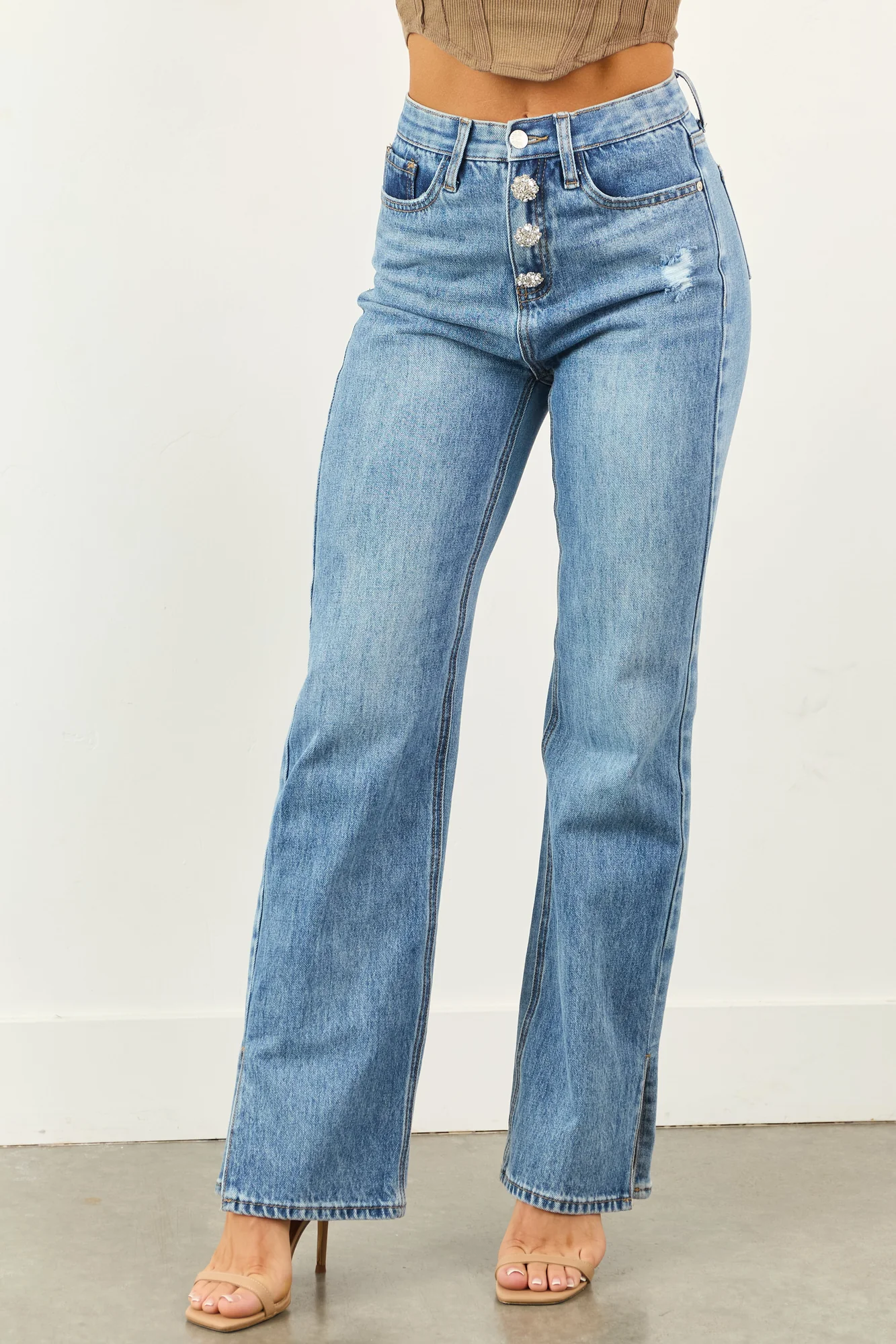 High Rise Tummy Control Rhinestone Button Fly Straight Jeans - Medium Wash